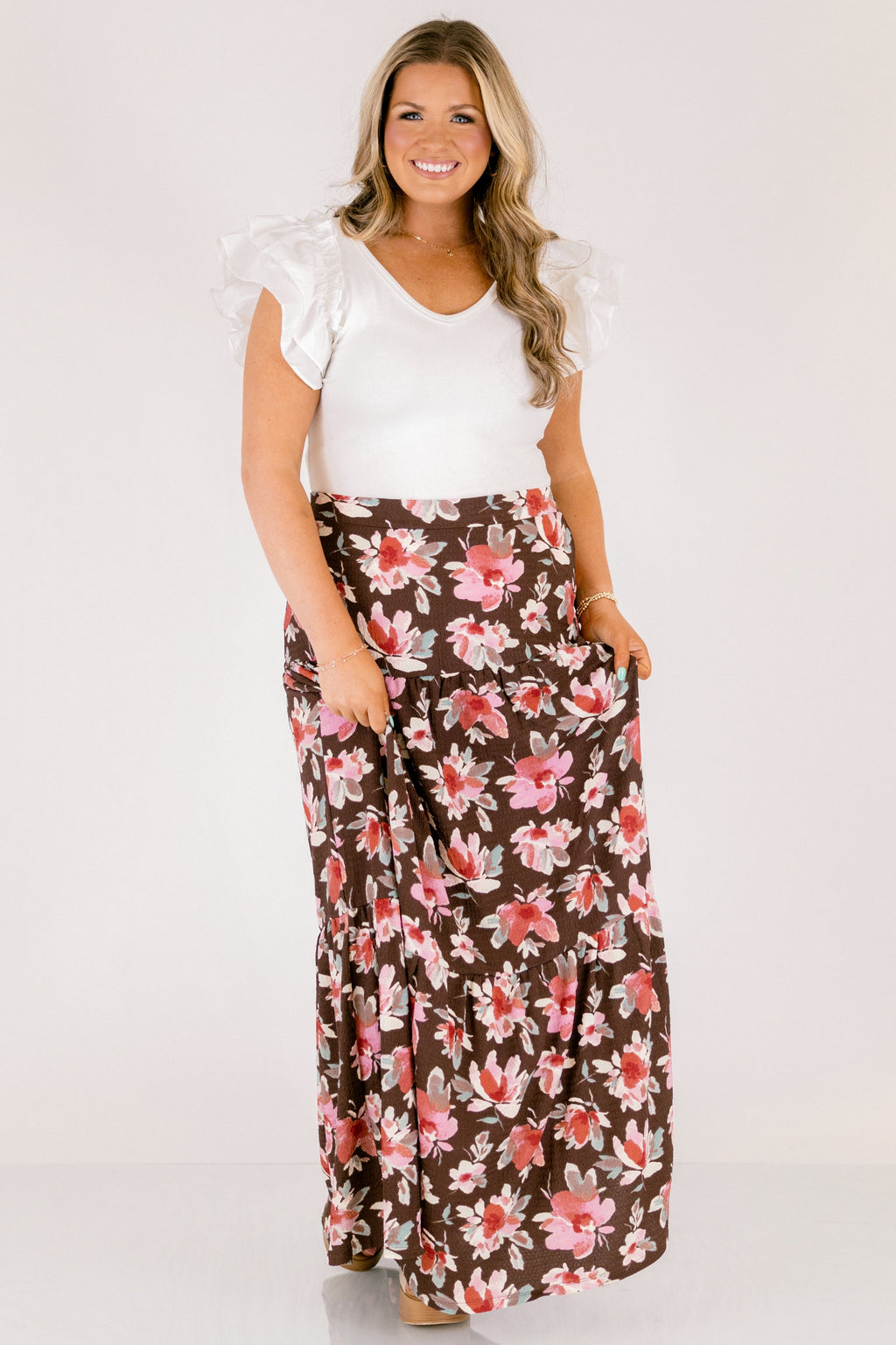 Charming Blooms Maxi Skirt, Brown Floral