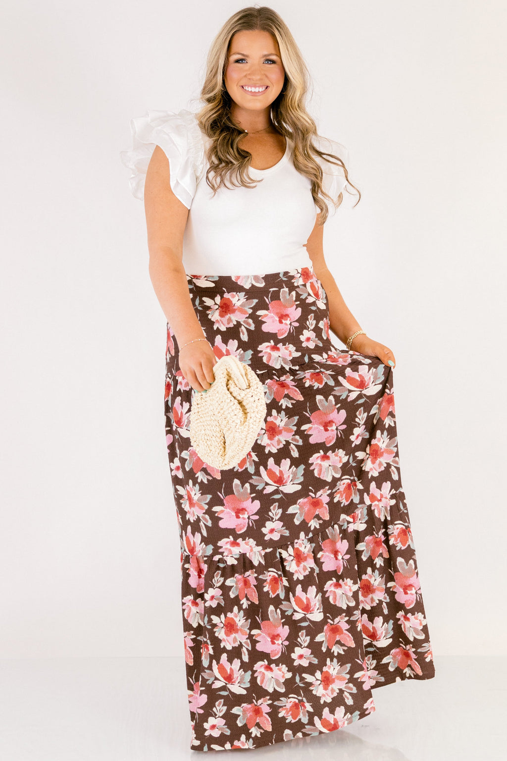 Charming Blooms Maxi Skirt, Brown Floral