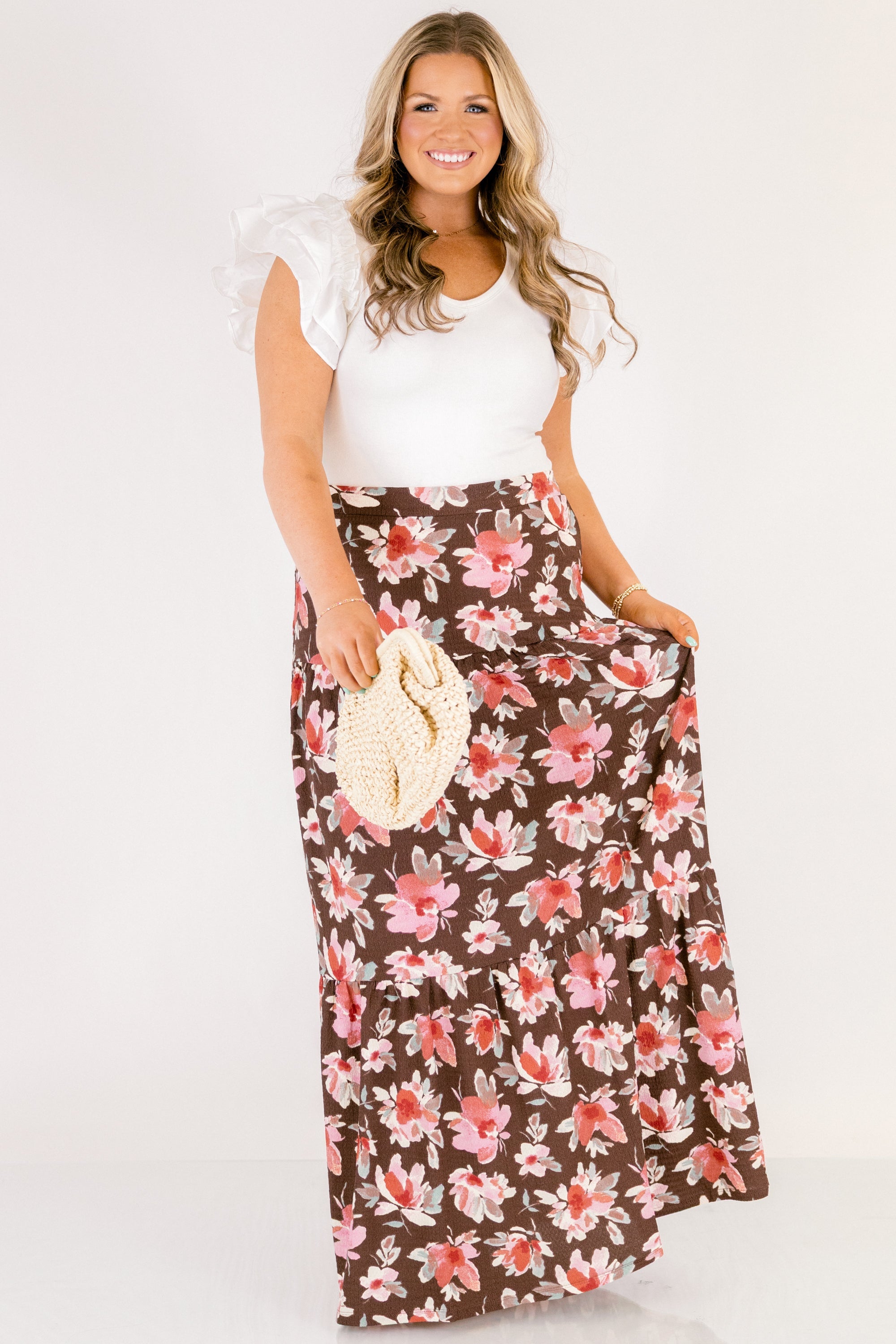 Charming Blooms Maxi Skirt, Brown Floral