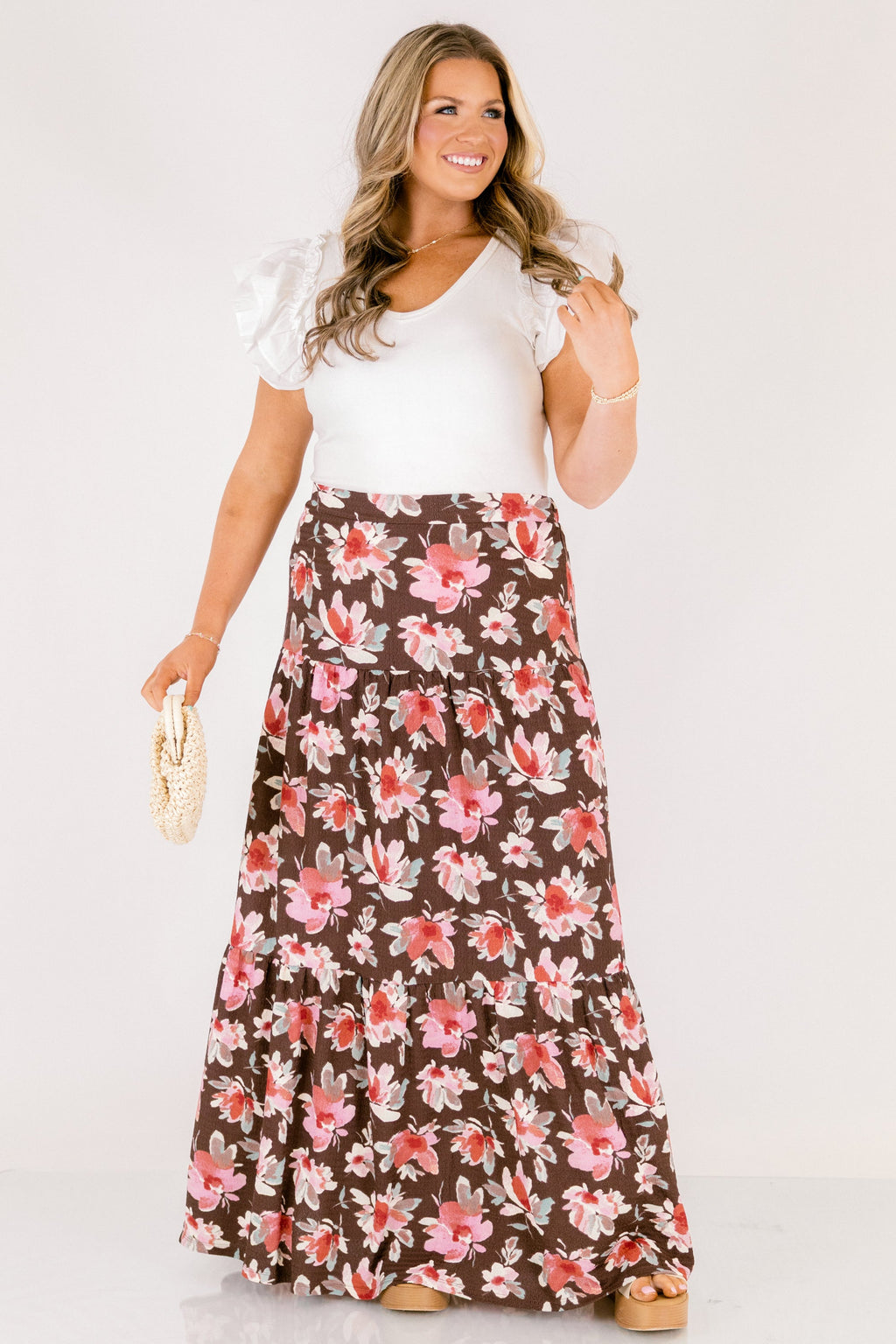 Charming Blooms Maxi Skirt, Brown Floral