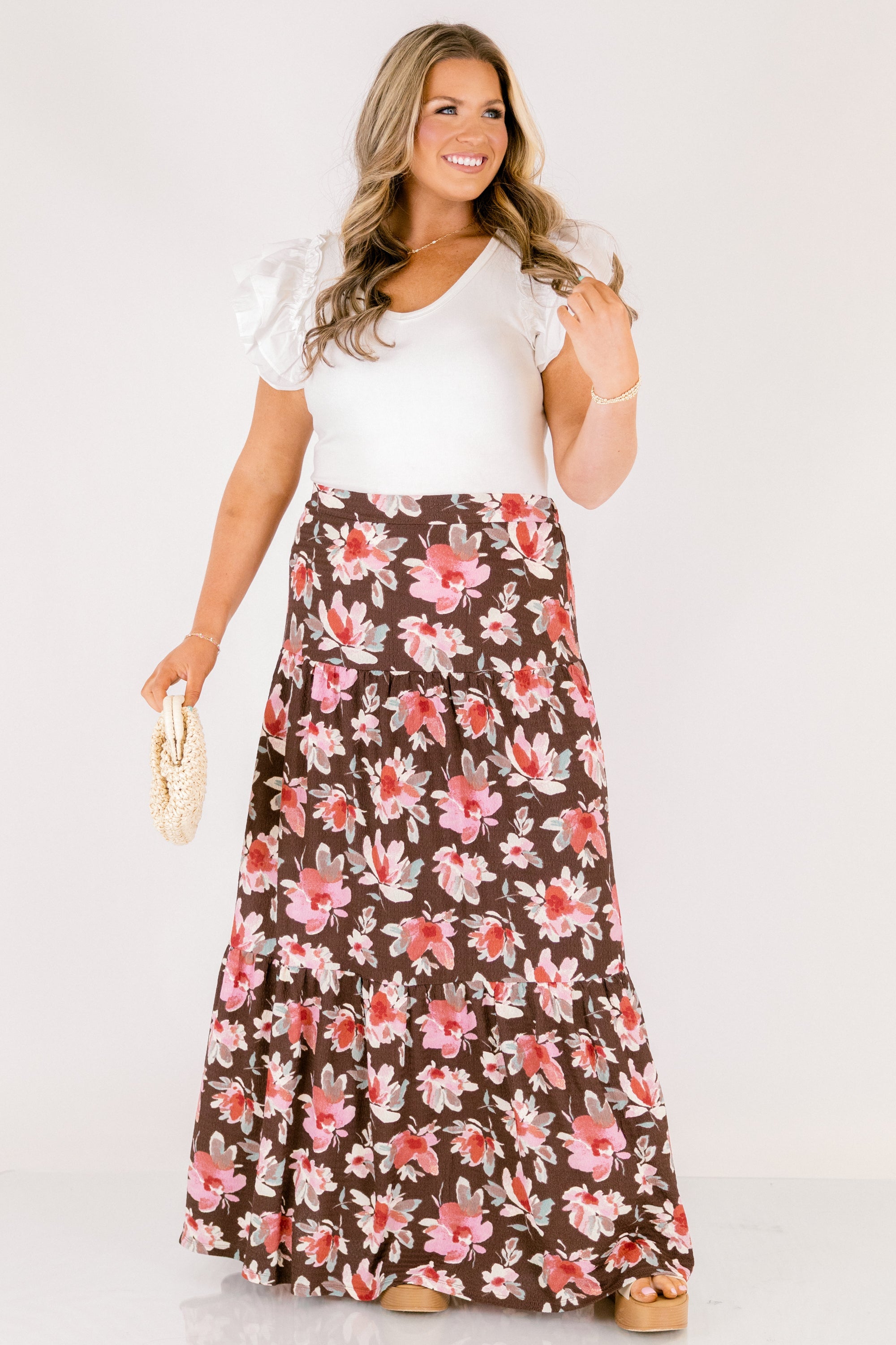 Charming Blooms Maxi Skirt, Brown Floral