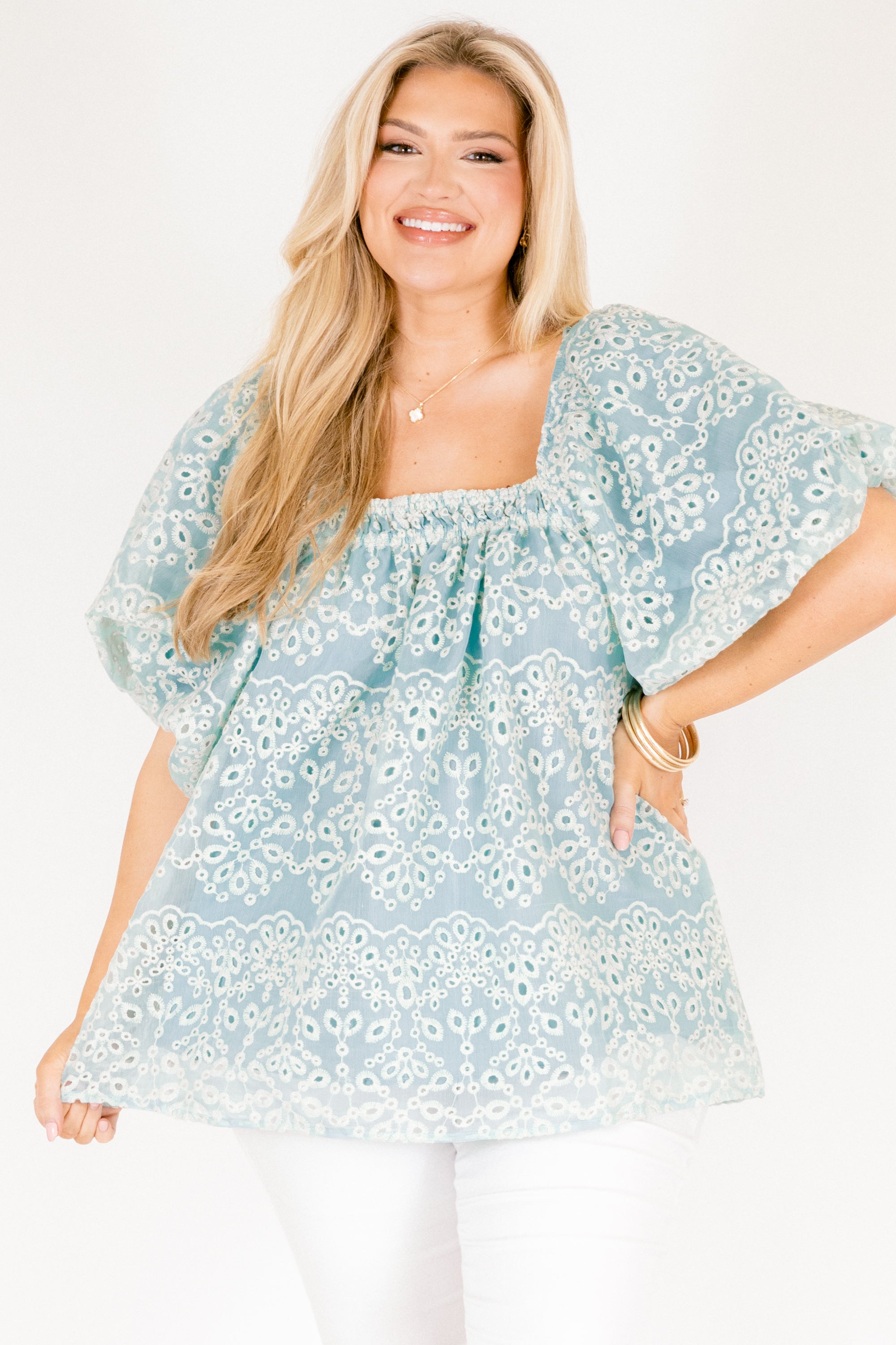 Cozy Love Top, Teal Eyelet