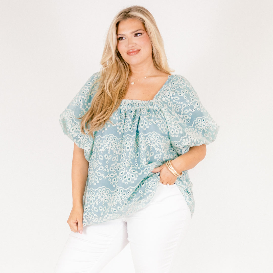 Cozy Love Top, Teal Eyelet