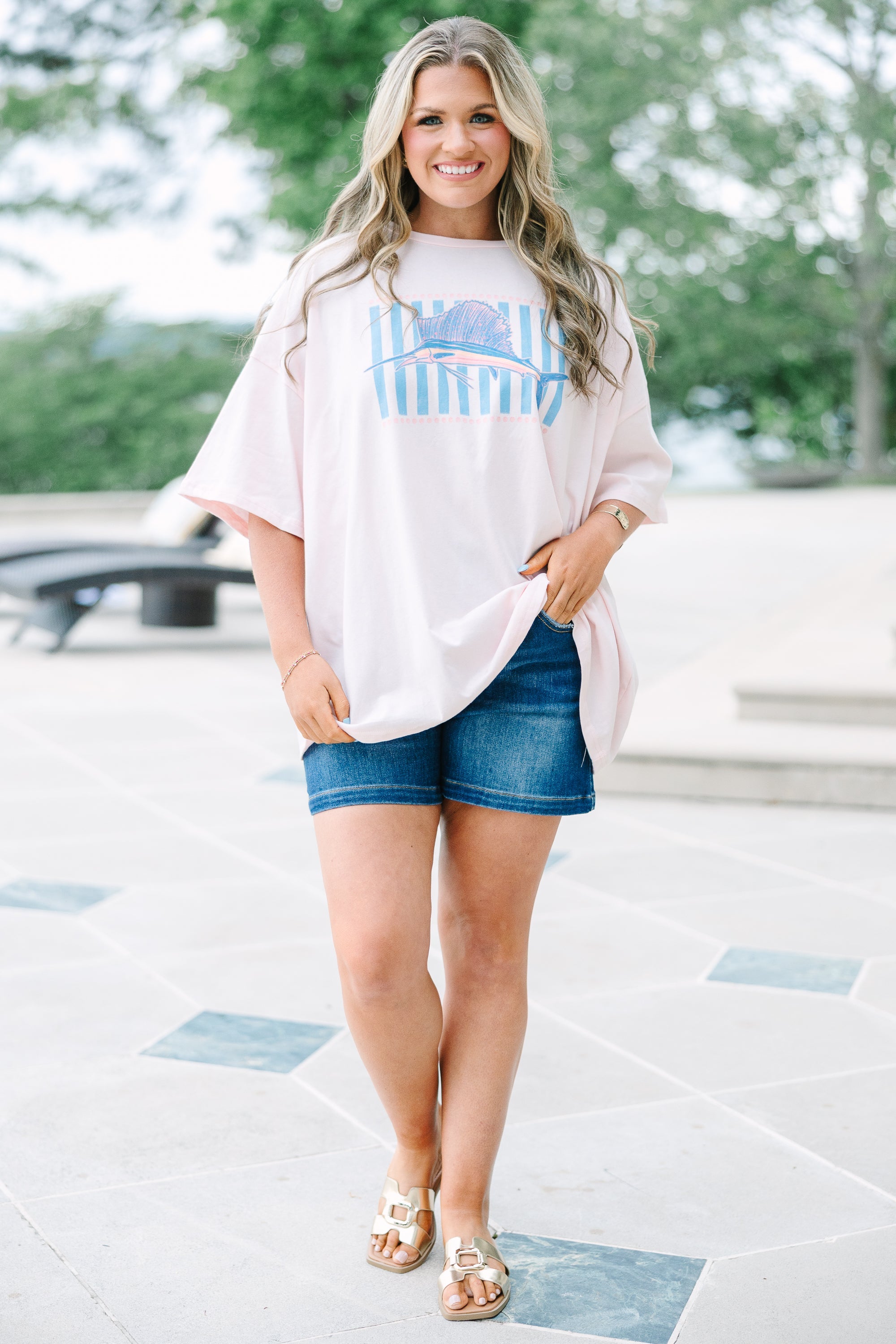 Fishin' Around Boyfriend Tee, Cream Pink