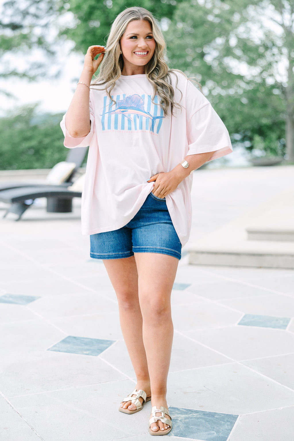 Fishin' Around Boyfriend Tee, Cream Pink