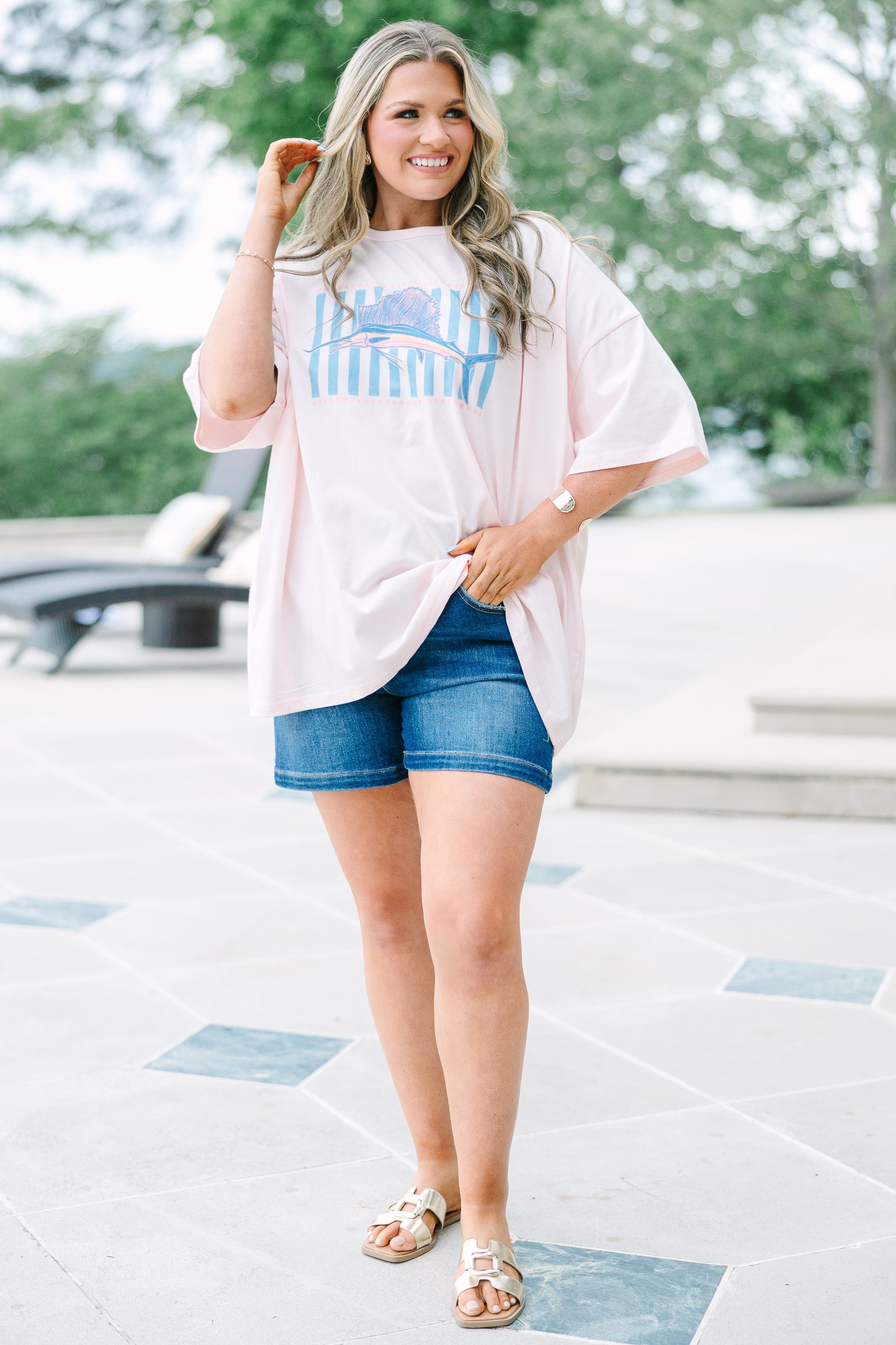 Fishin' Around Boyfriend Tee, Cream Pink