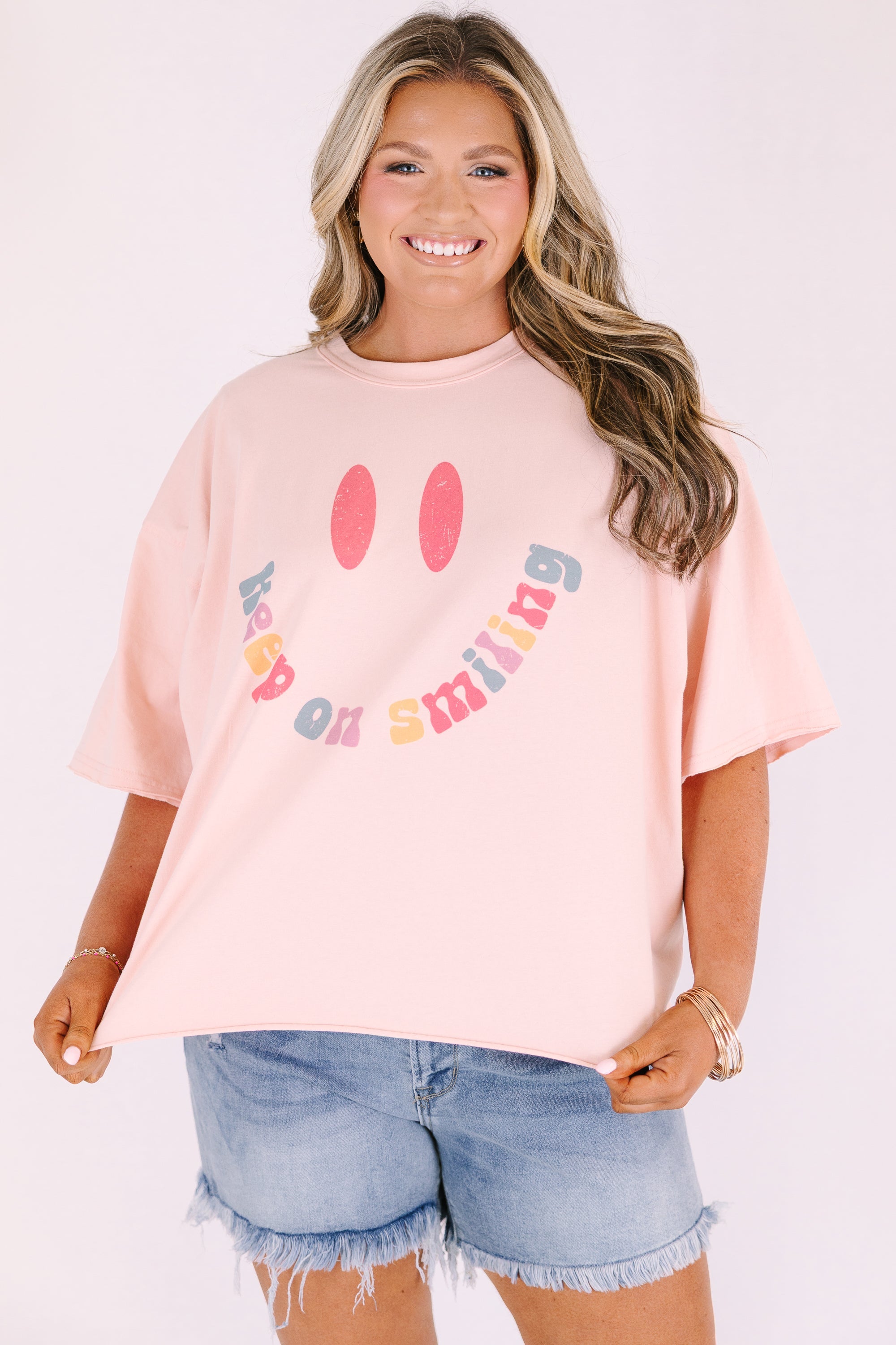 Keep On Smiling Vintage Wash Tee, Blush Pink
