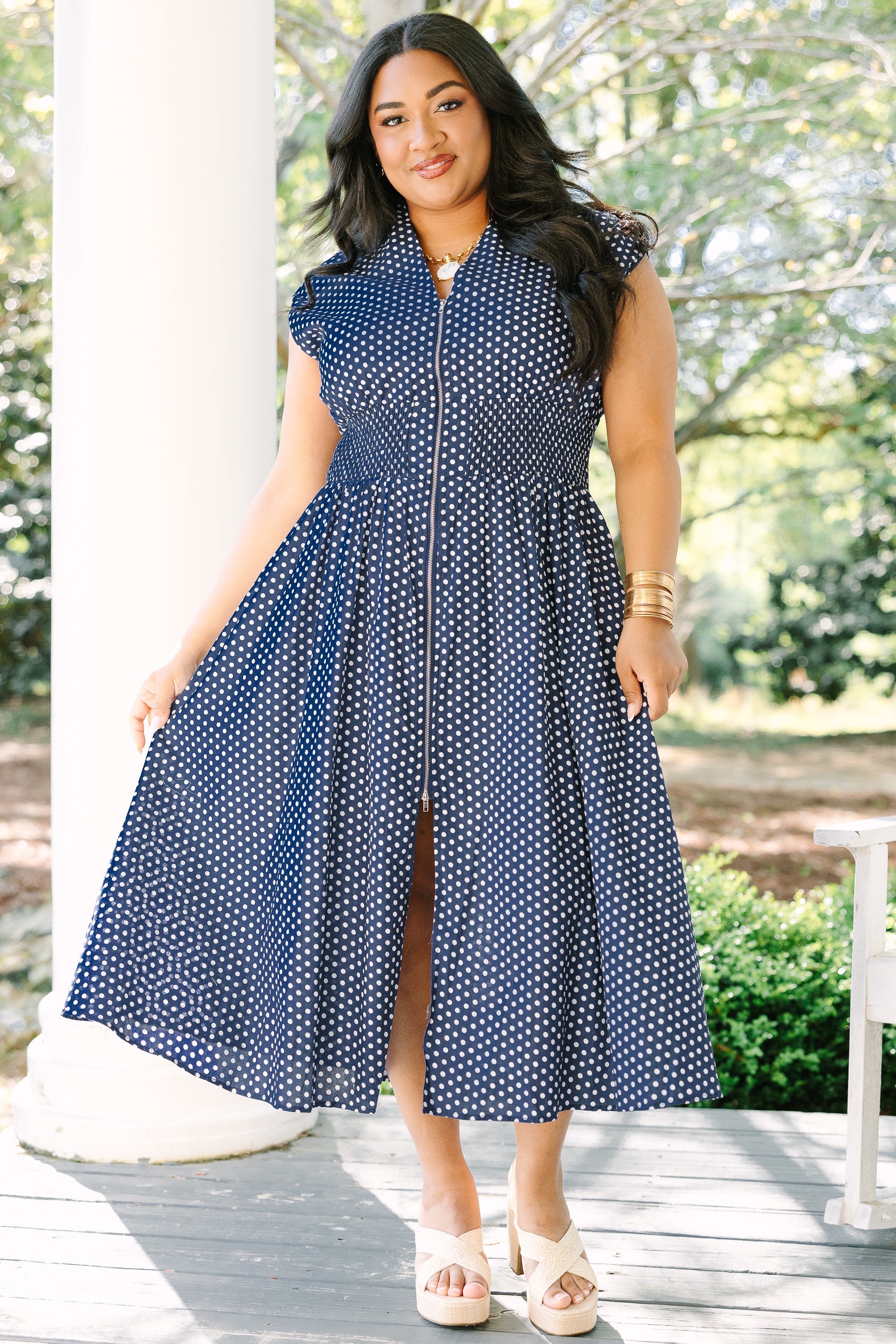 Late Night Skies Dress, Navy Polka Dot