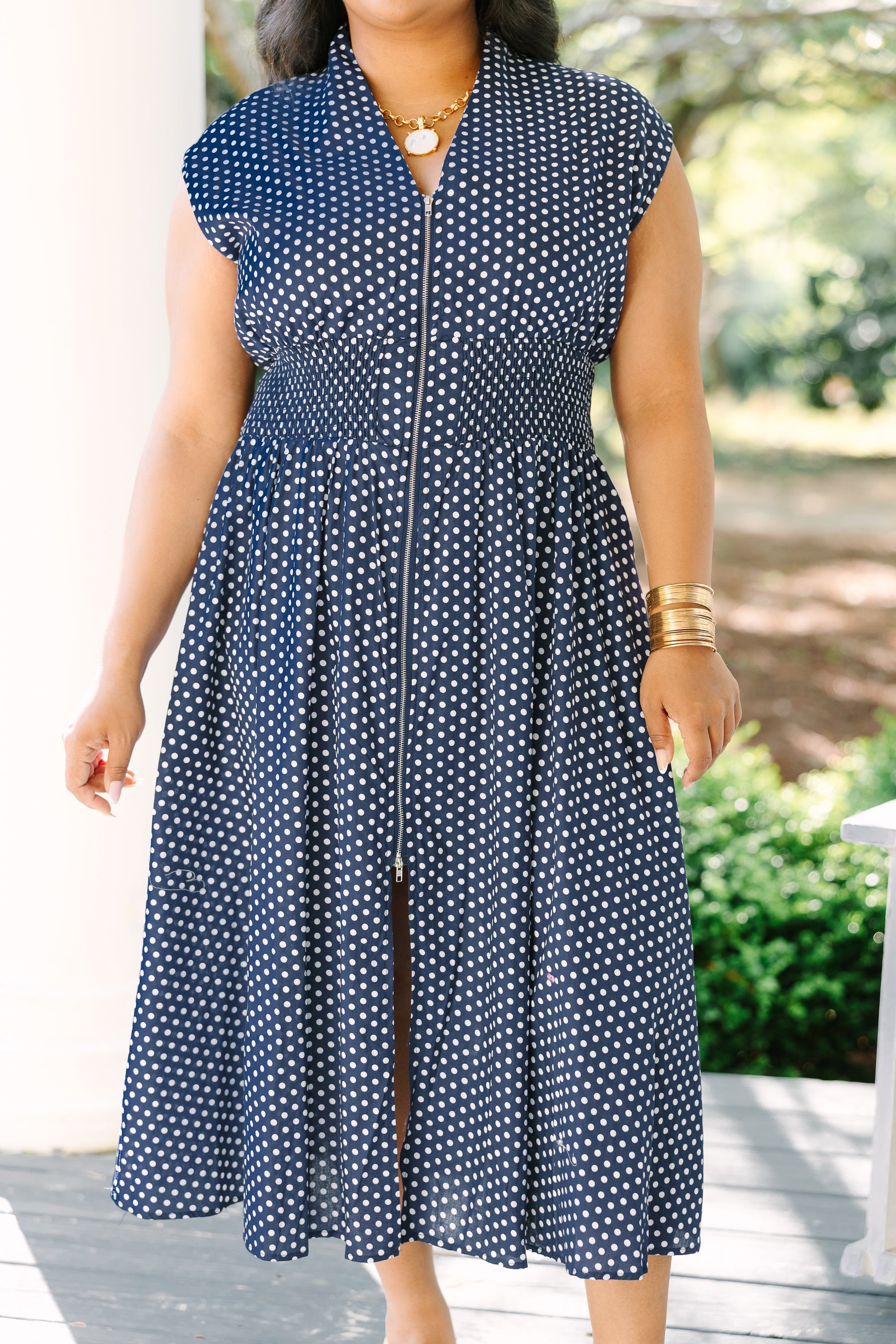 Late Night Skies Dress, Navy Polka Dot