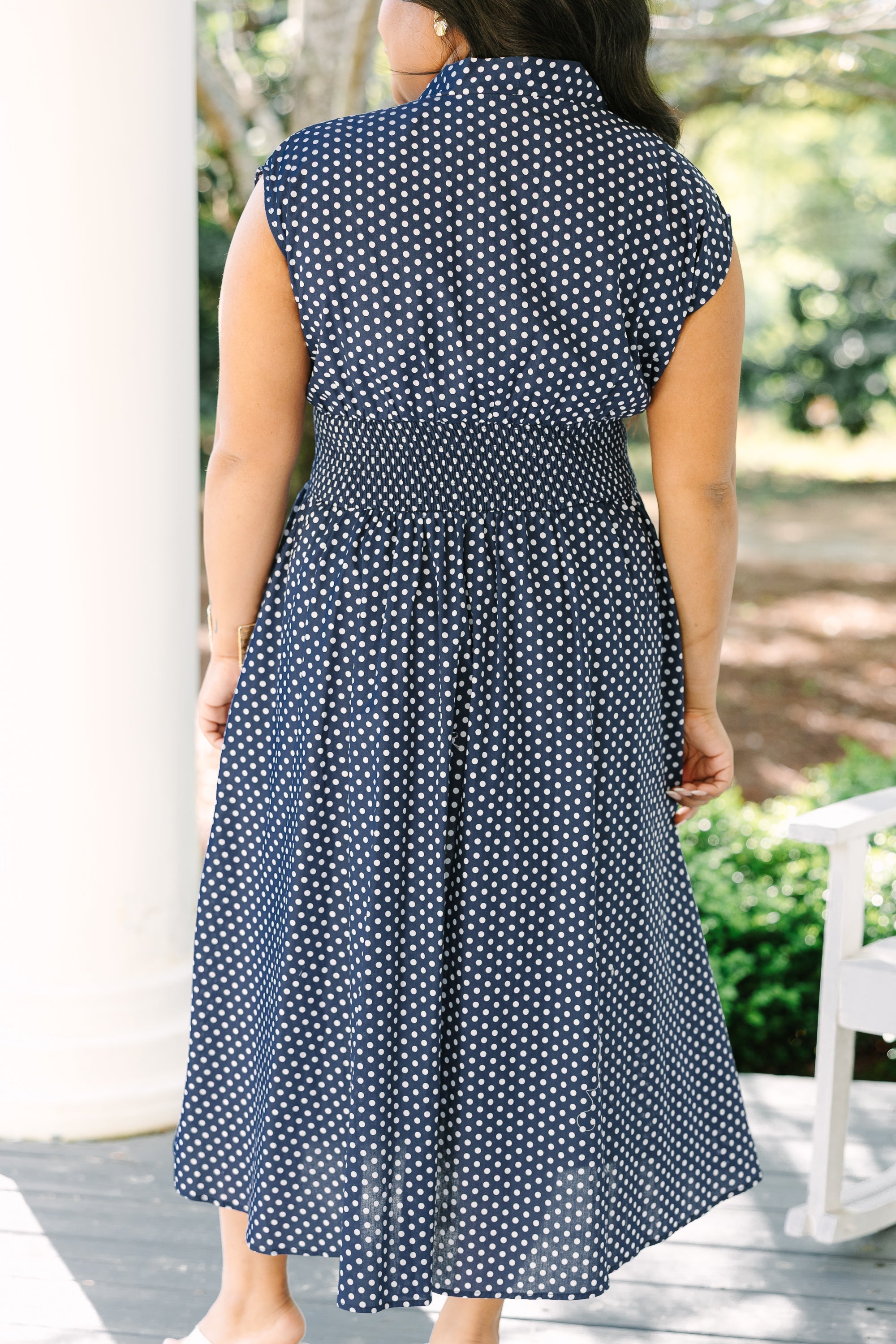Late Night Skies Dress, Navy Polka Dot