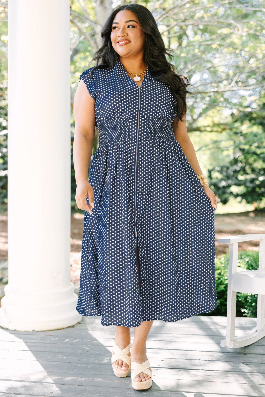 Late Night Skies Dress, Navy Polka Dot