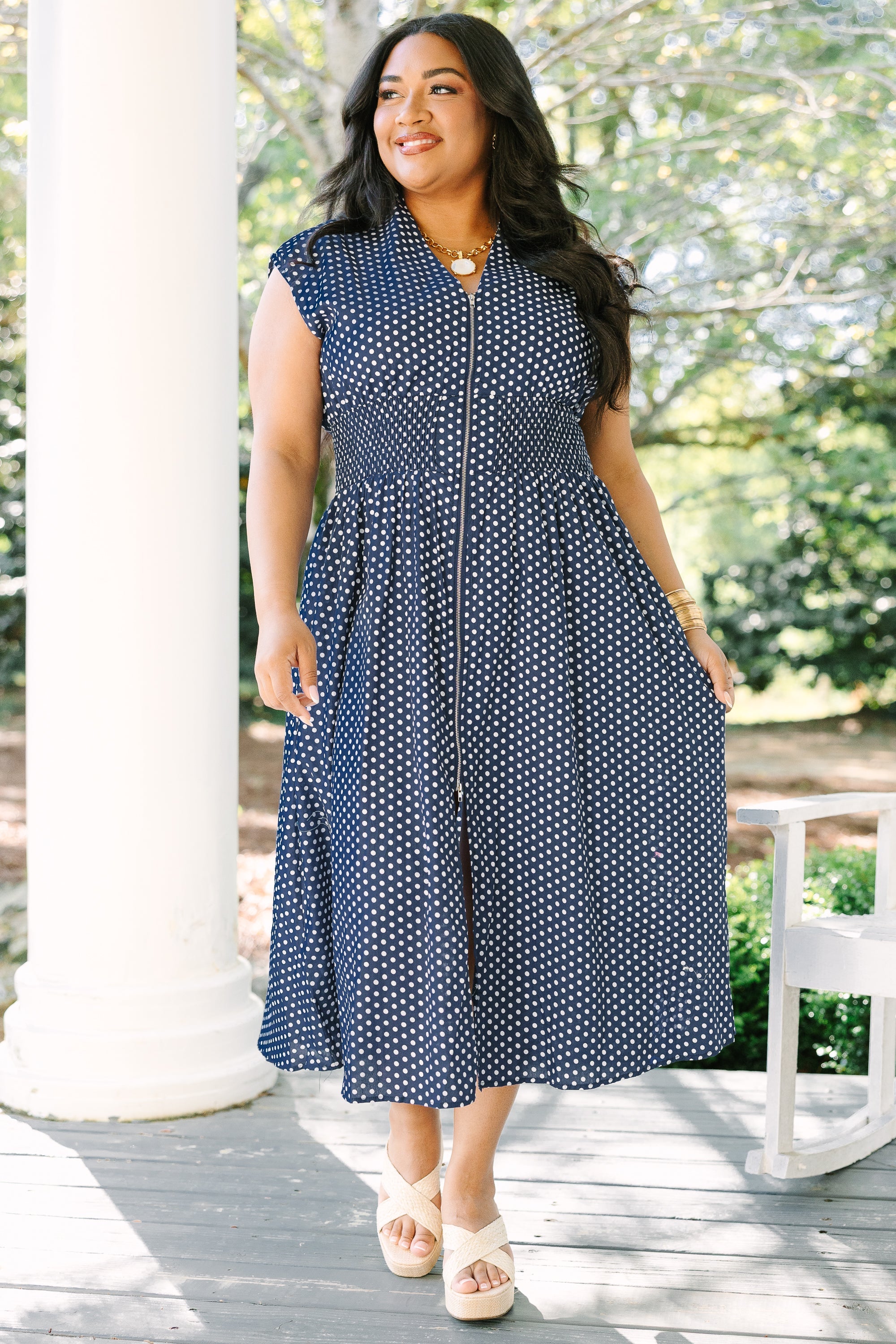 Late Night Skies Dress, Navy Polka Dot