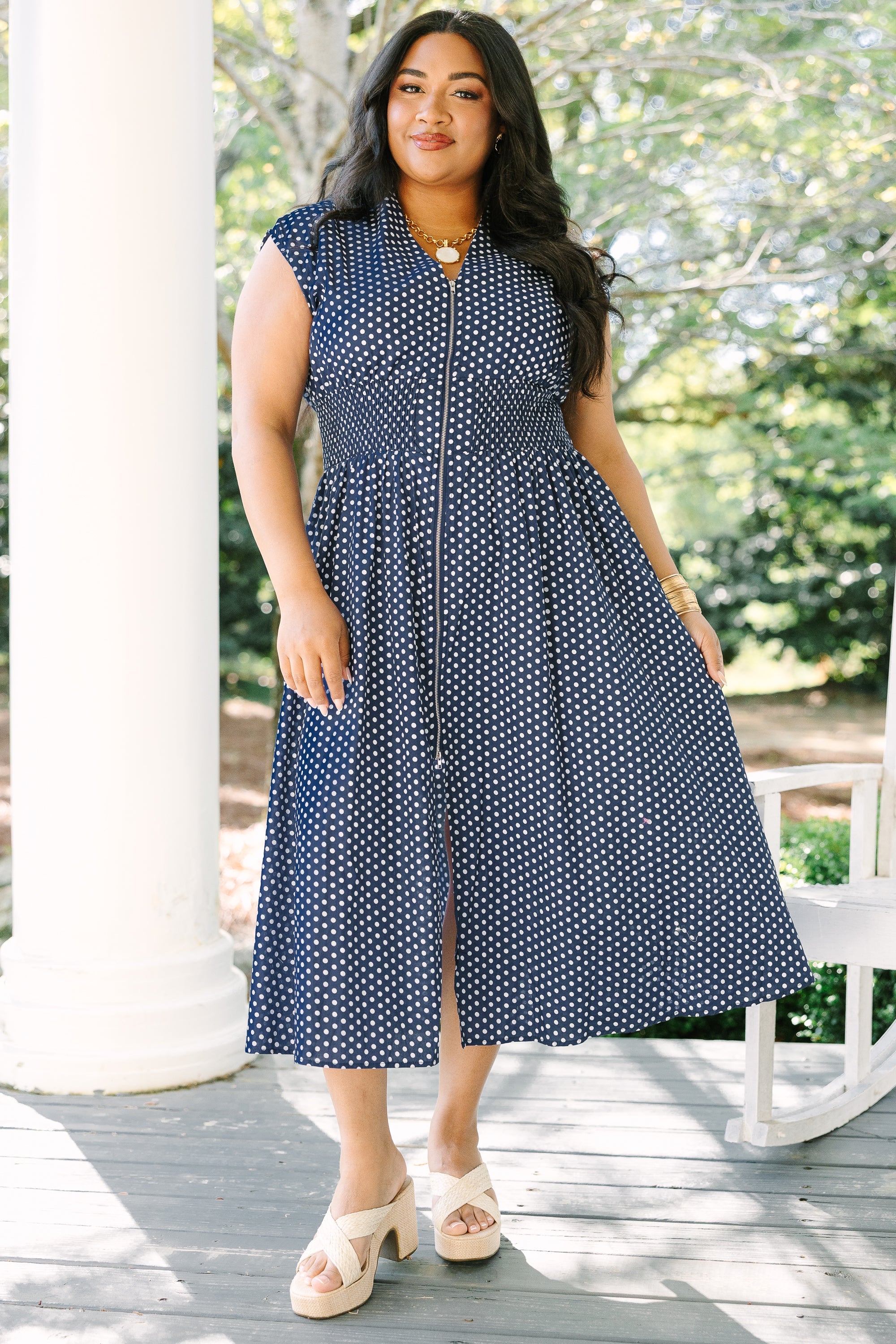 Late Night Skies Dress, Navy Polka Dot