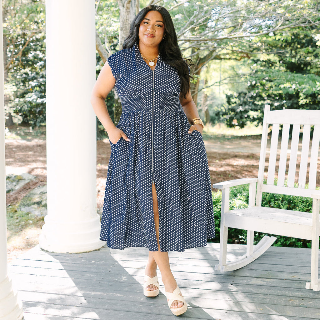 Late Night Skies Dress, Navy Polka Dot