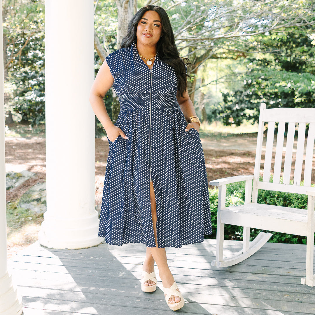 Late Night Skies Dress, Navy Polka Dot