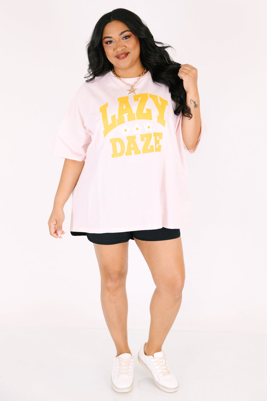 Lazy Daisy Boyfriend Tee, Cream Pink