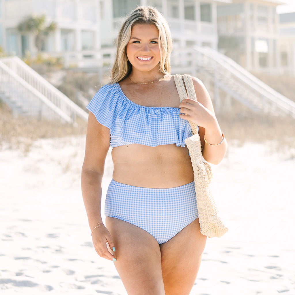 Let's Go Watch The Sunset Swim Top, Blue Gingham