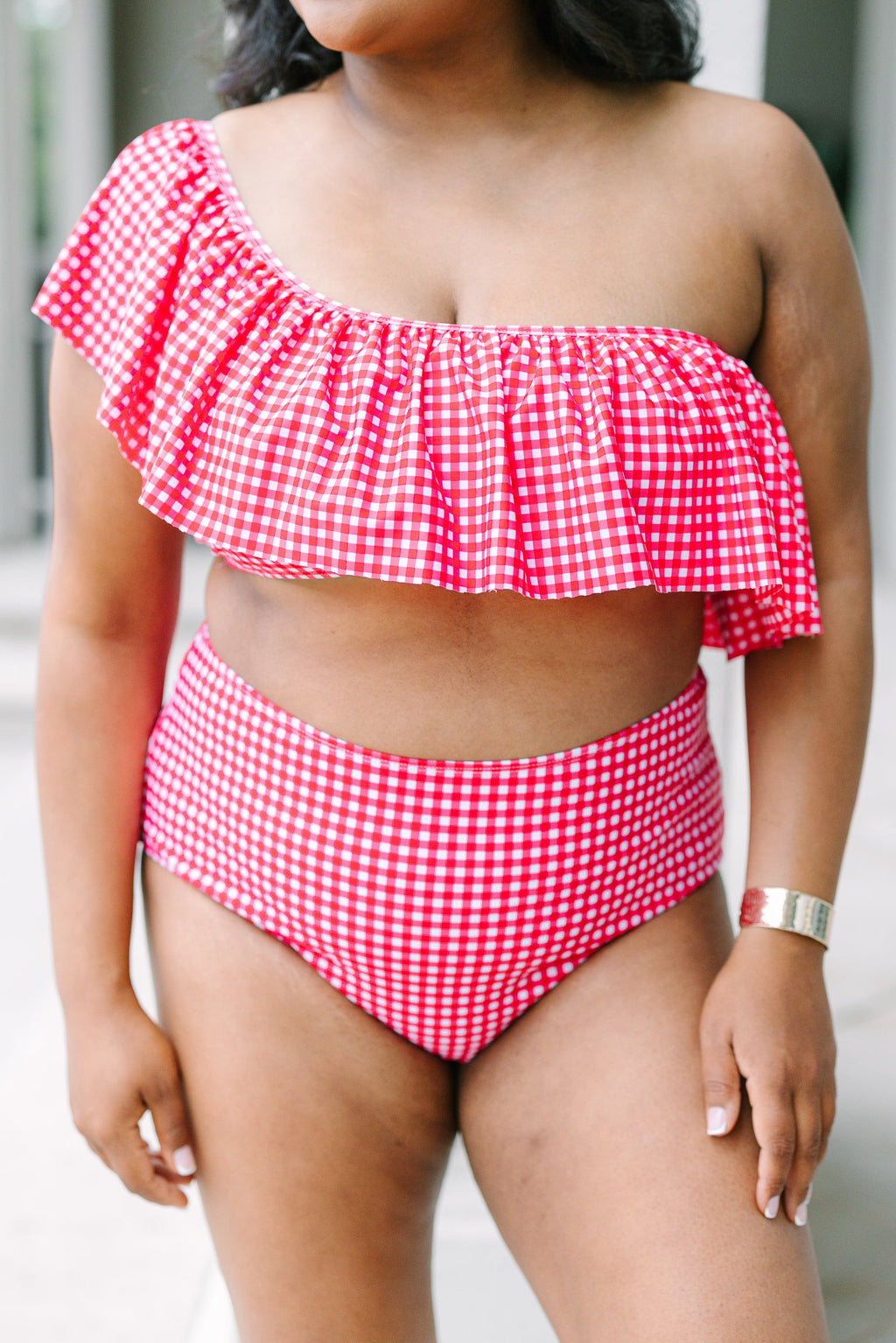 Let's Go Watch The Sunset Swim Top, Red Gingham