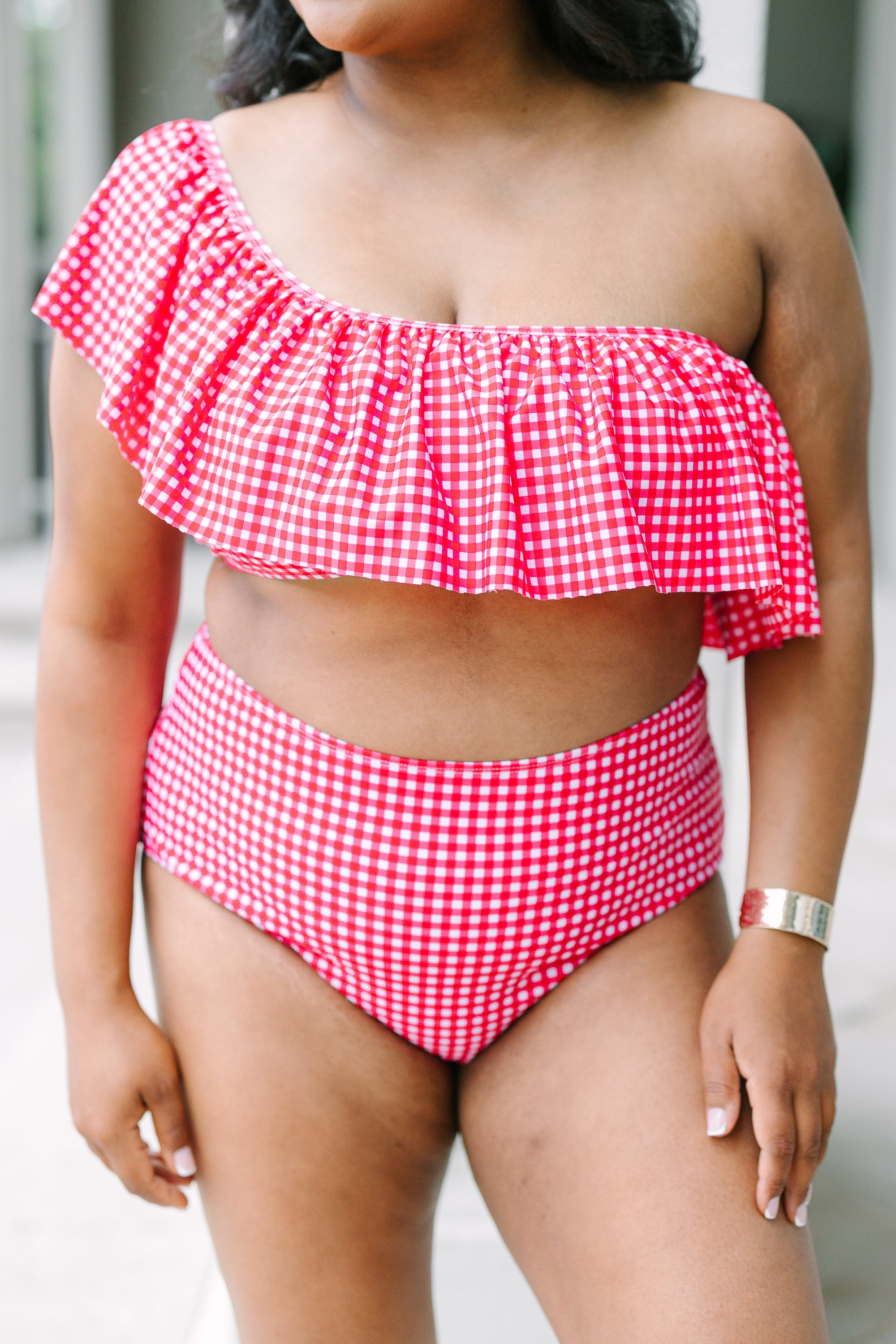 Let's Go Watch The Sunset Swim Top, Red Gingham