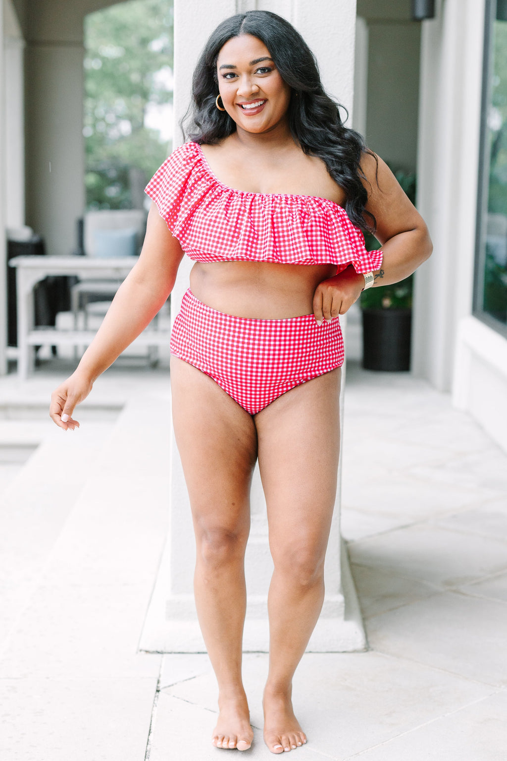 Let's Go Watch The Sunset Swim Bottom, Red Gingham