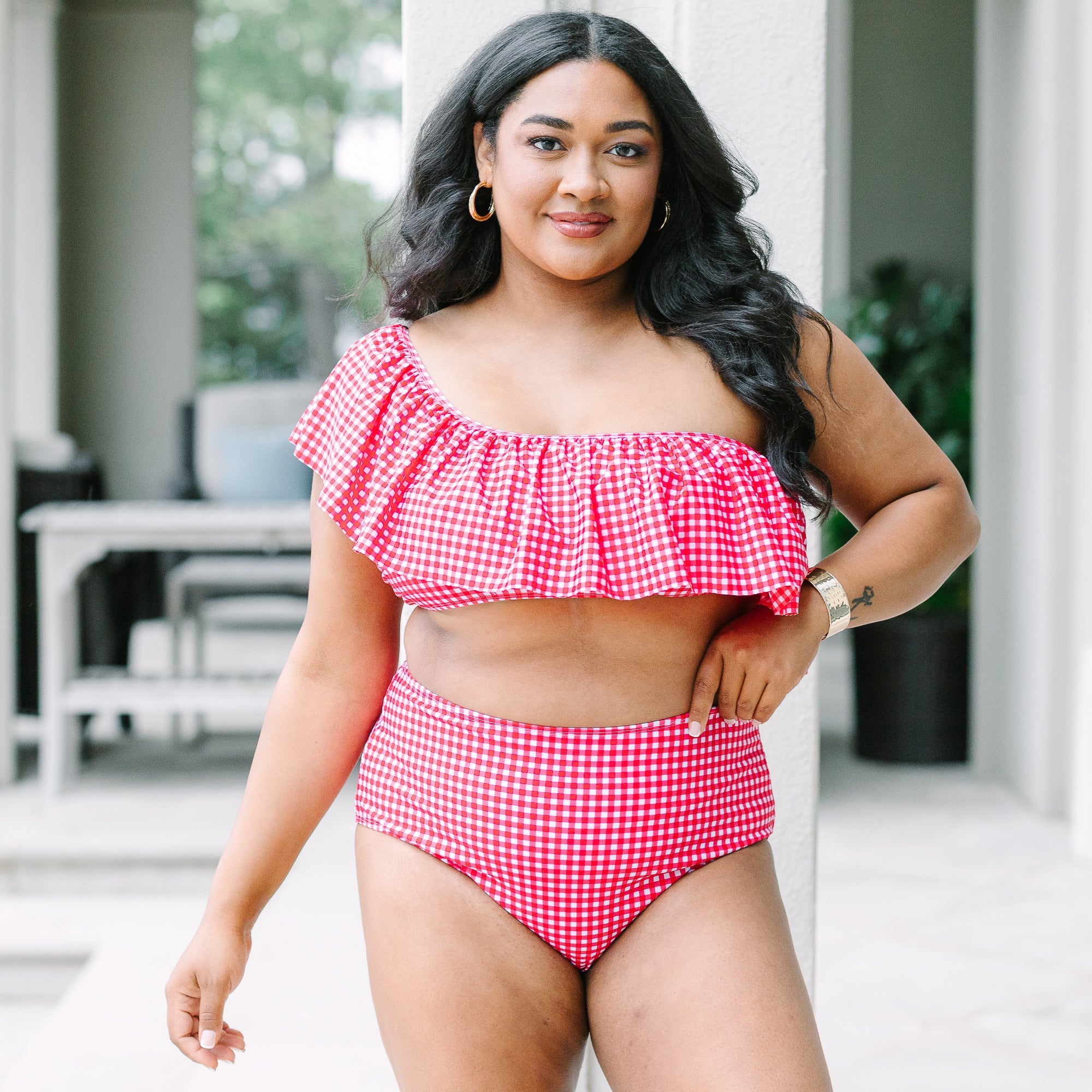 Let's Go Watch The Sunset Swim Top, Red Gingham
