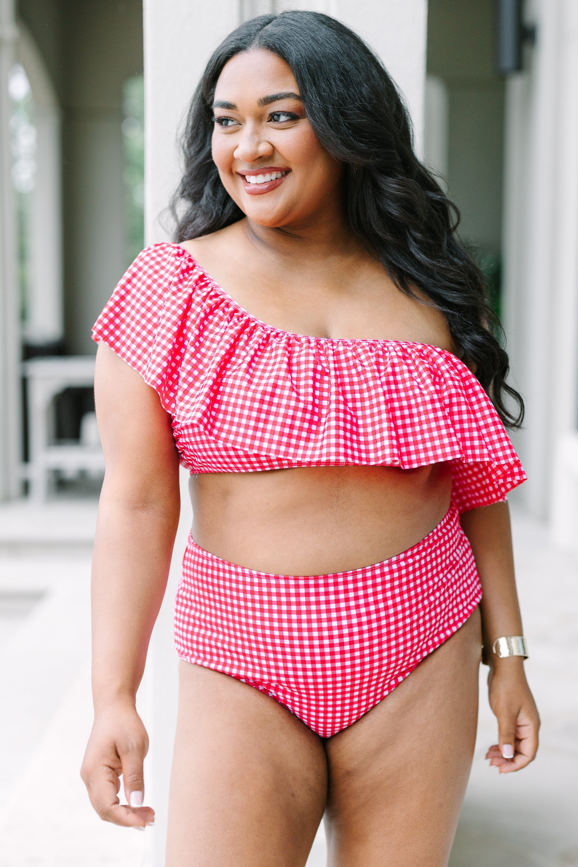 Let's Go Watch The Sunset Swim Top, Red Gingham