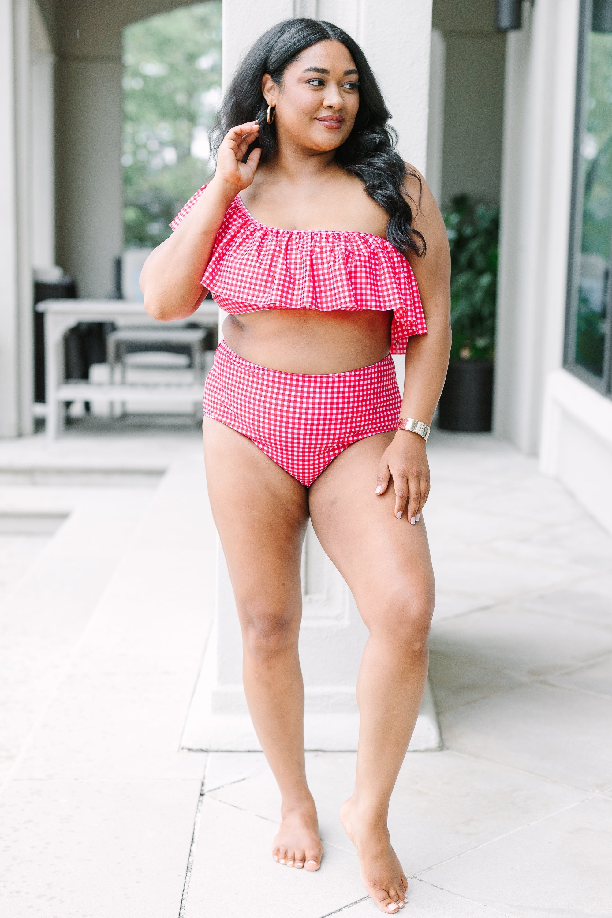 Let's Go Watch The Sunset Swim Bottom, Red Gingham