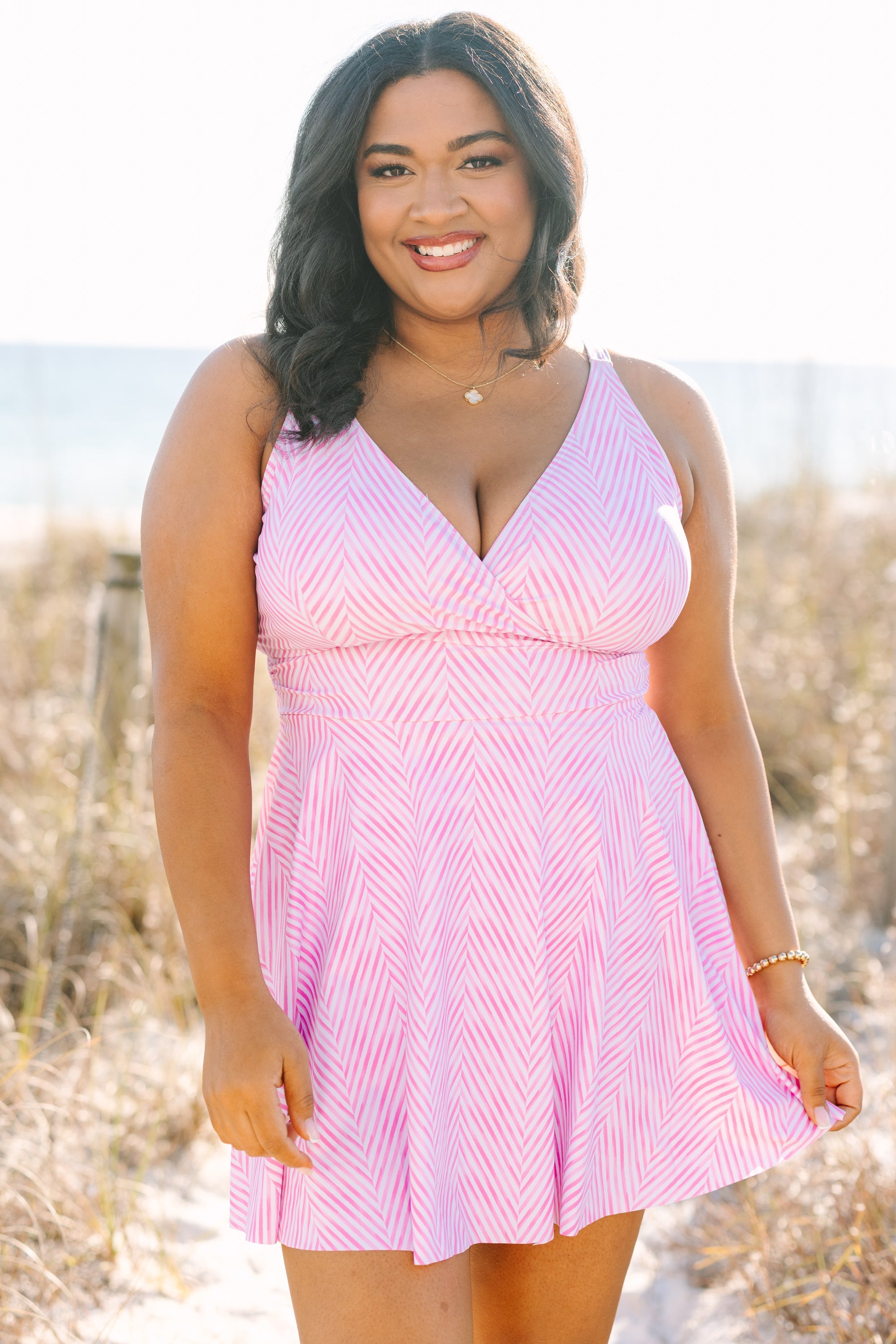 On The Sea Swim Dress, Pink Stripe