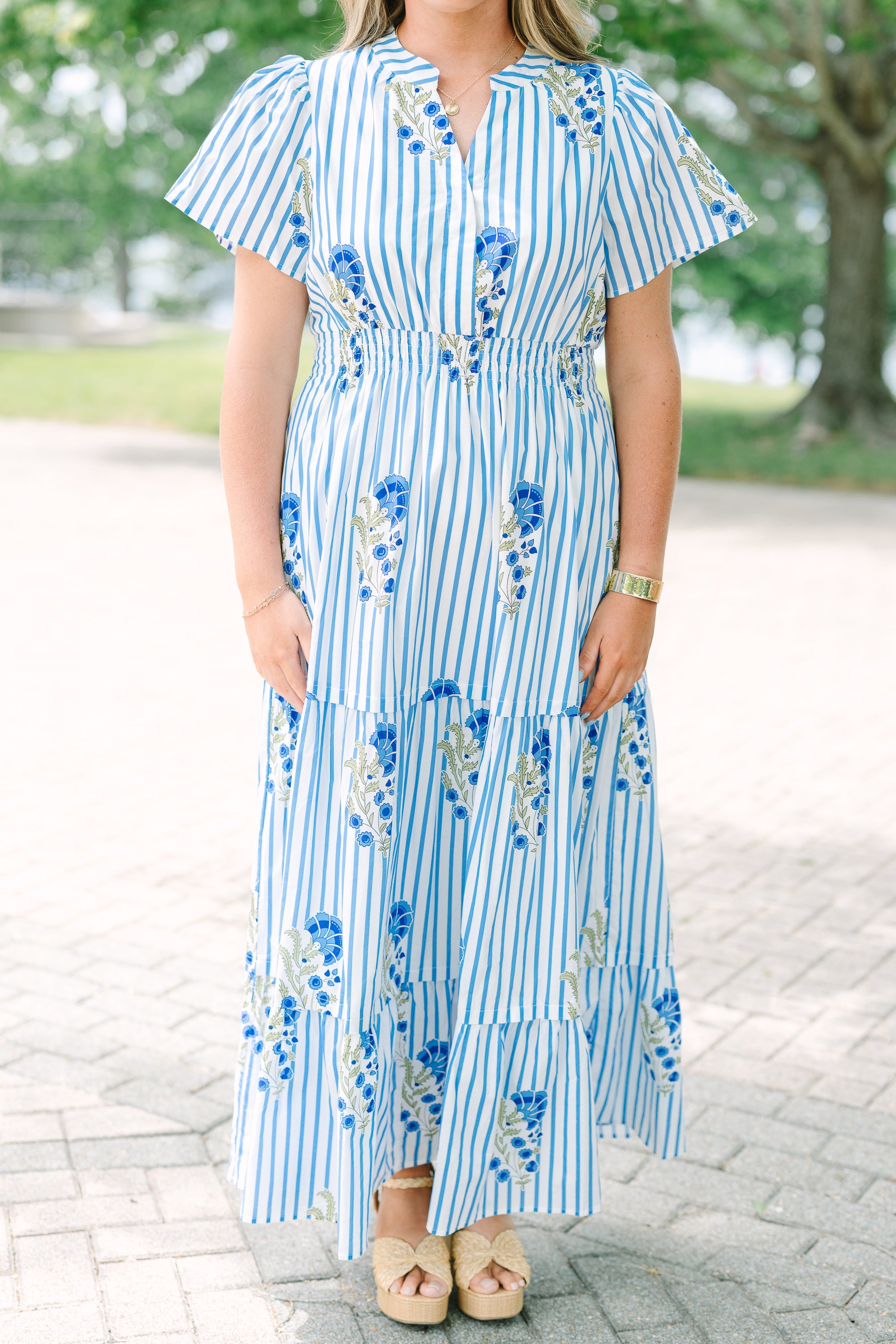 Pleated Petal Maxi Dress, Blue Mix
