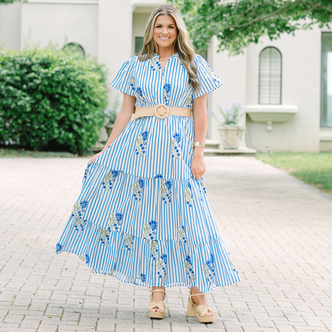 Pleated Petal Maxi Dress, Blue Mix