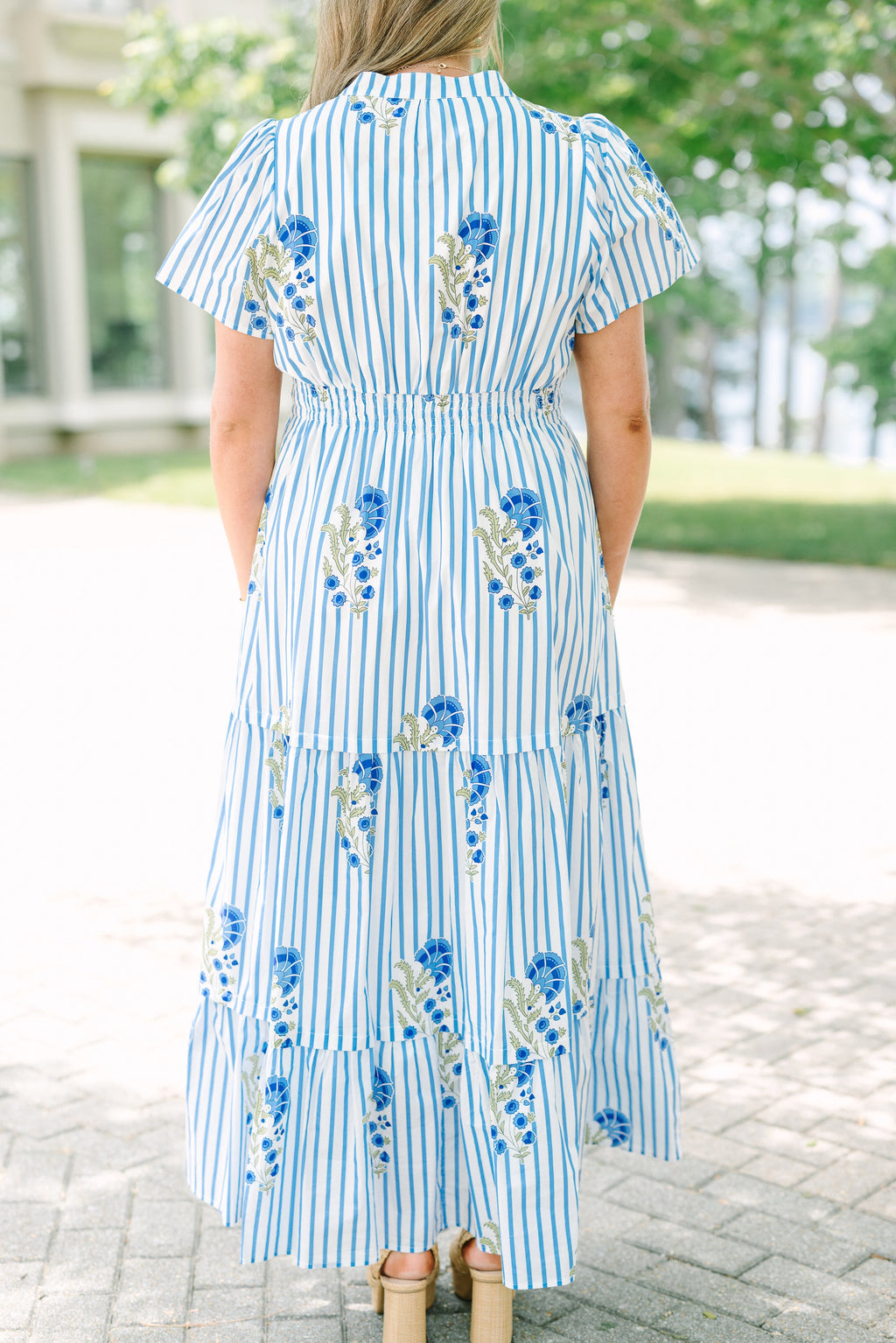 Pleated Petal Maxi Dress, Blue Mix