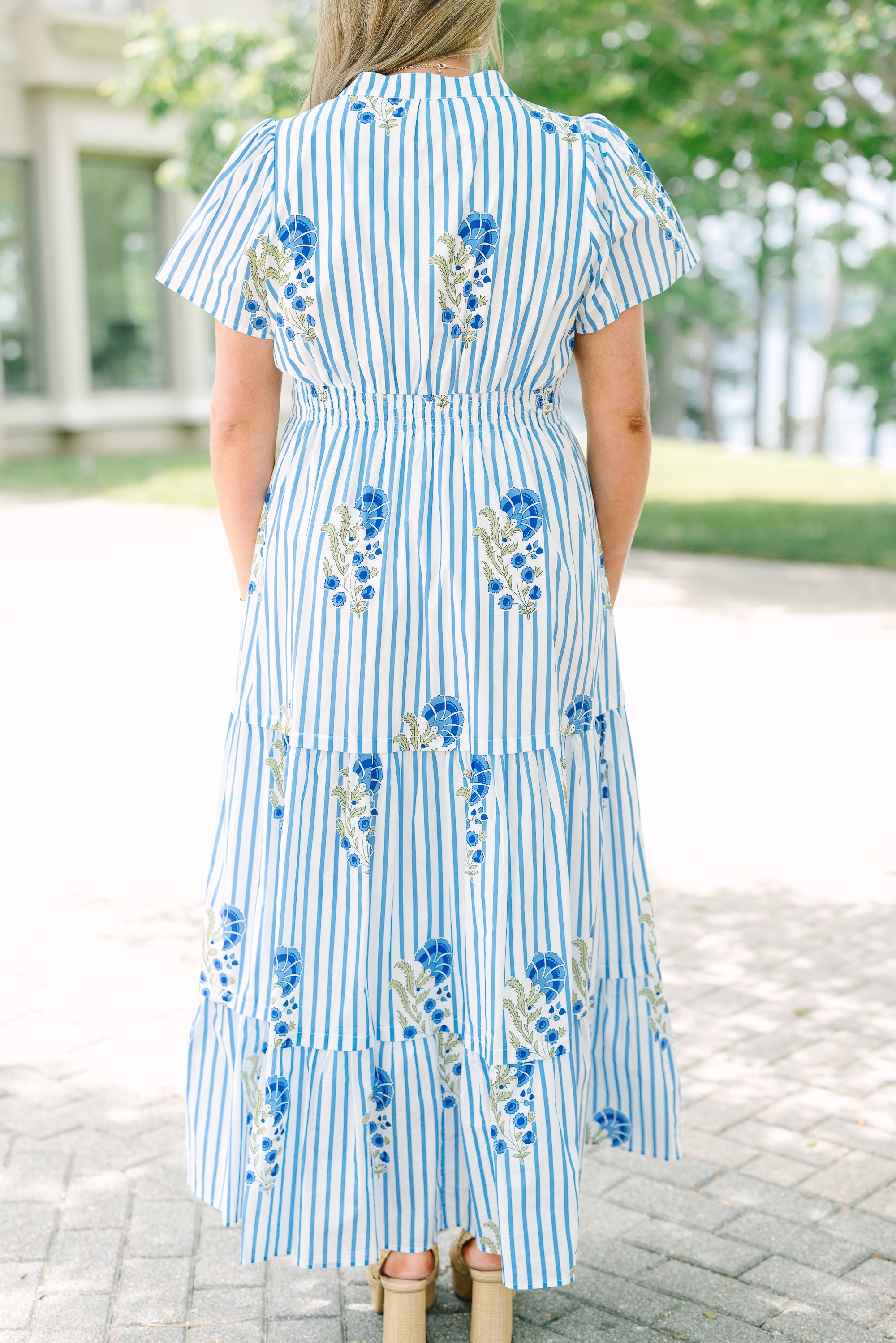 Pleated Petal Maxi Dress, Blue Mix