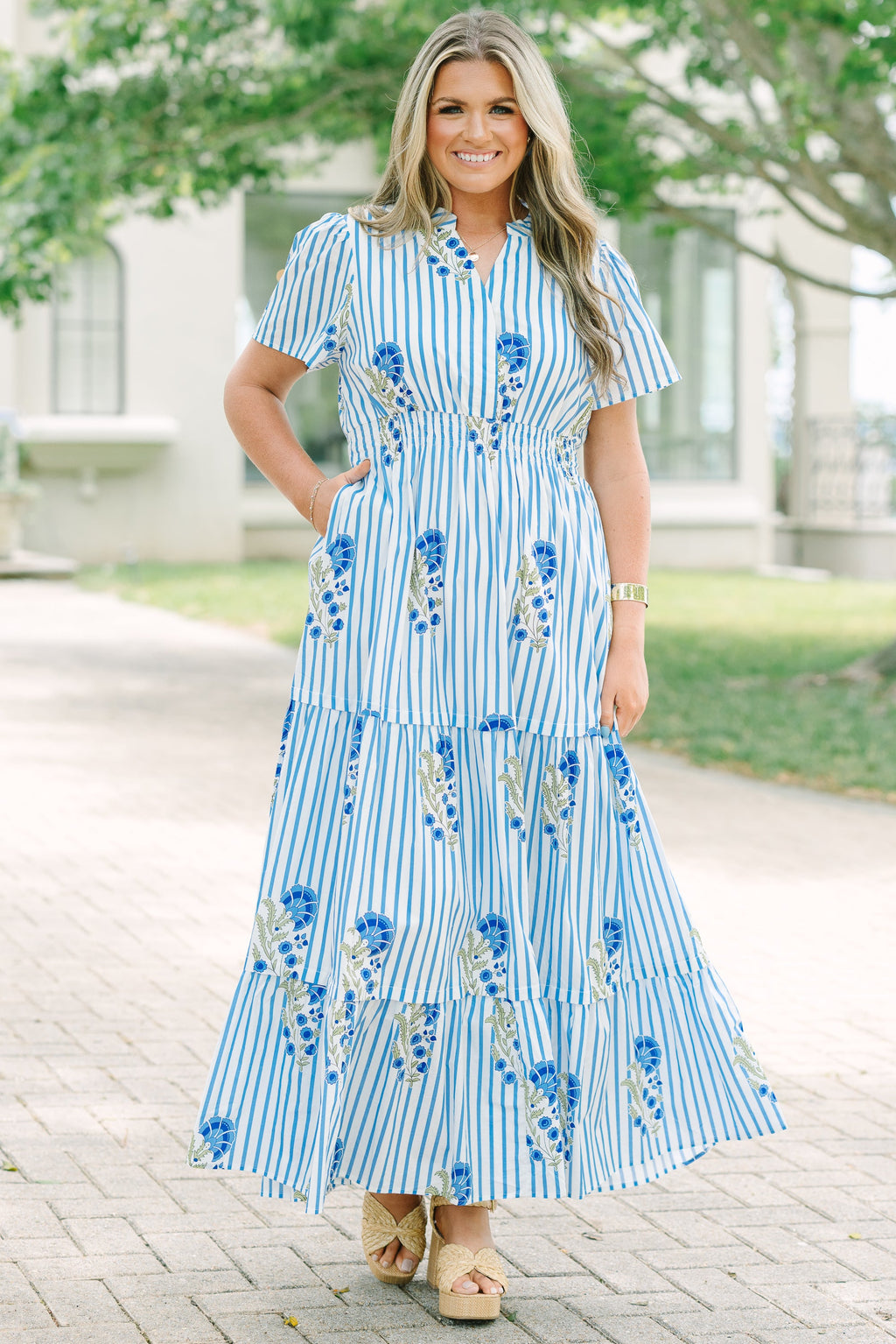 Pleated Petal Maxi Dress, Blue Mix