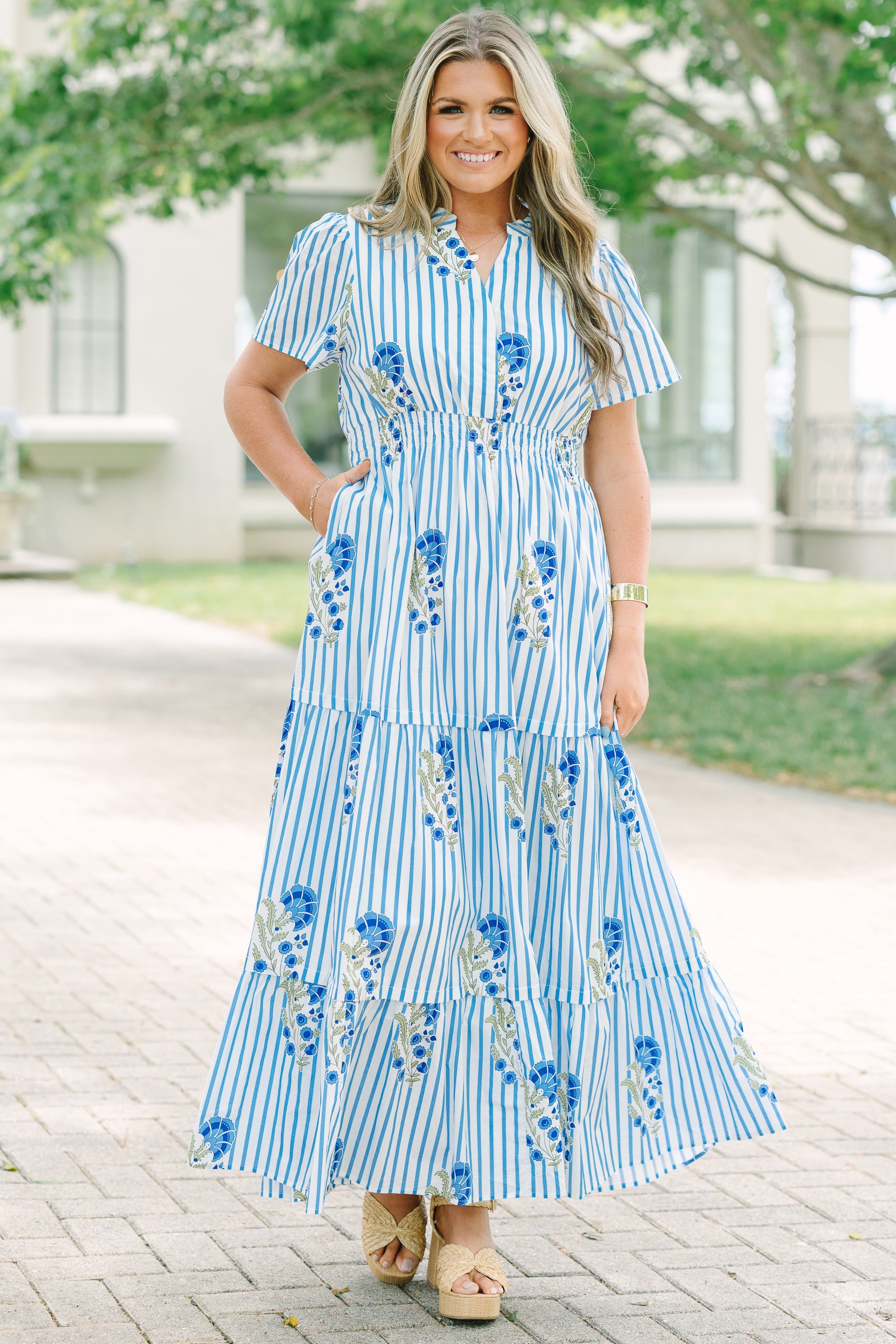 Pleated Petal Maxi Dress, Blue Mix