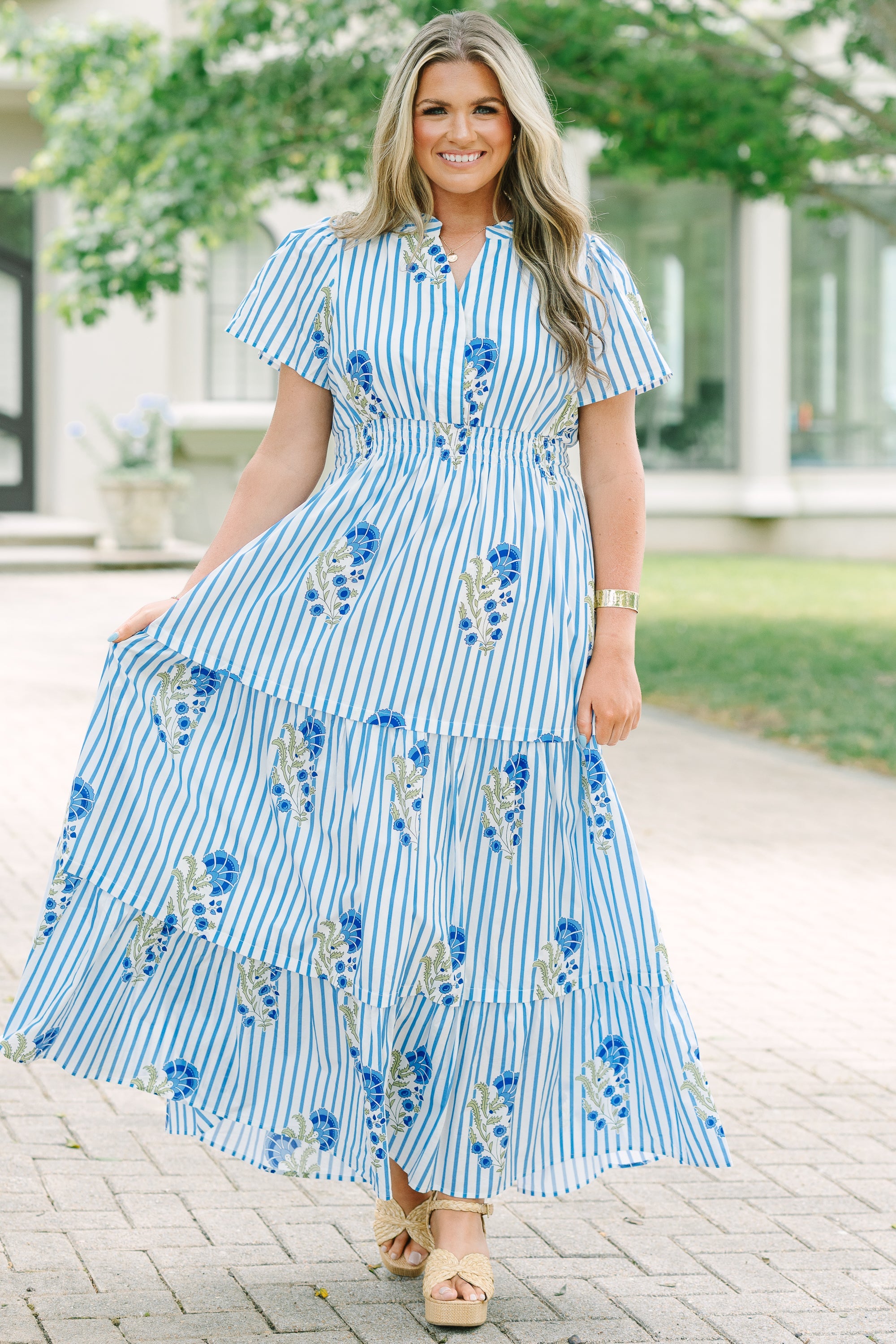 Pleated Petal Maxi Dress, Blue Mix