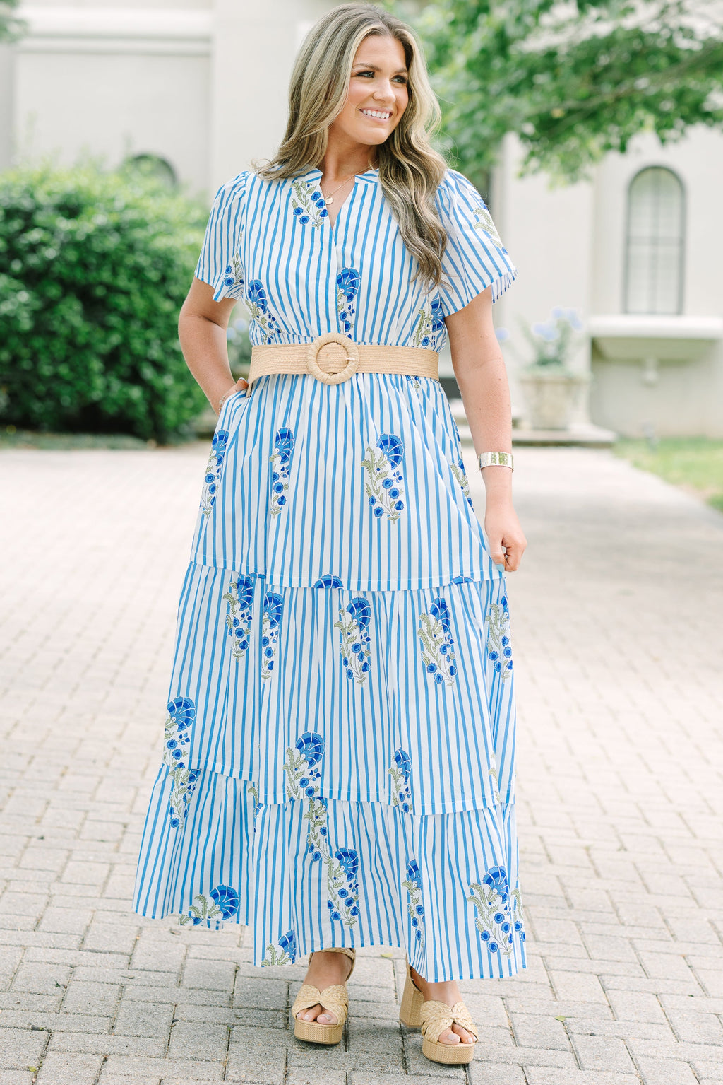 Pleated Petal Maxi Dress, Blue Mix
