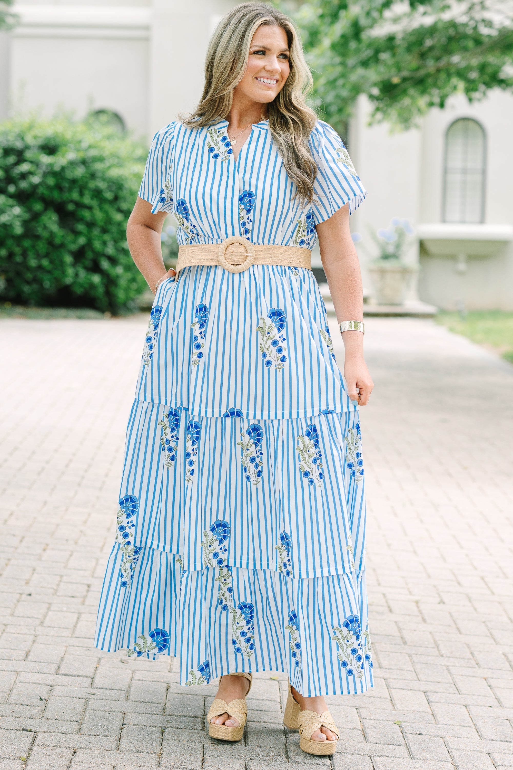 Pleated Petal Maxi Dress, Blue Mix