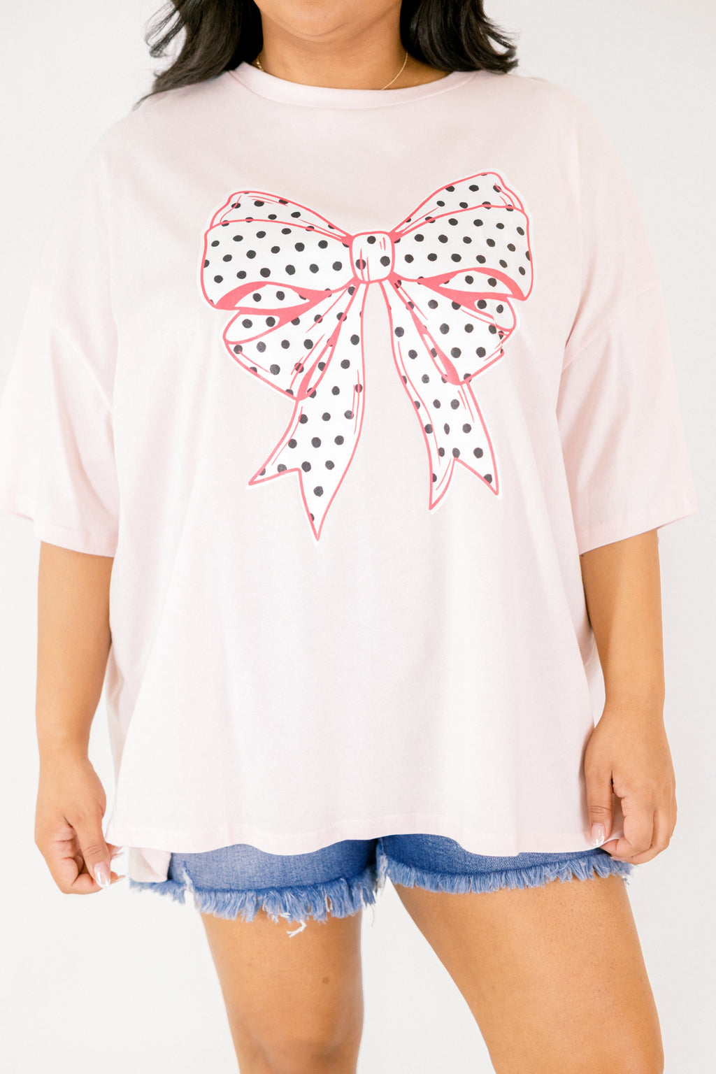 Polka Dot Bow Boyfriend Tee, Cream Pink