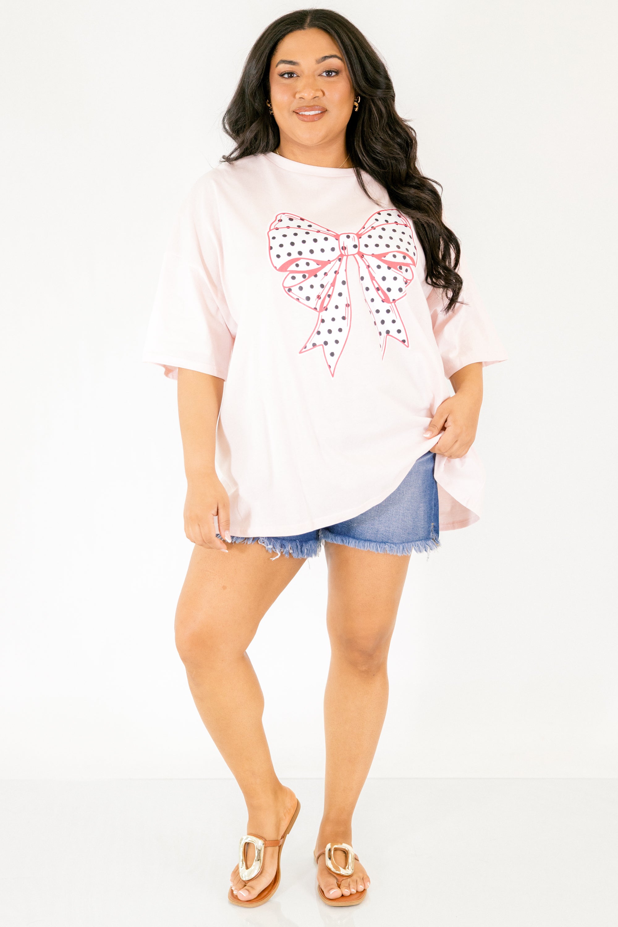 Polka Dot Bow Boyfriend Tee, Cream Pink