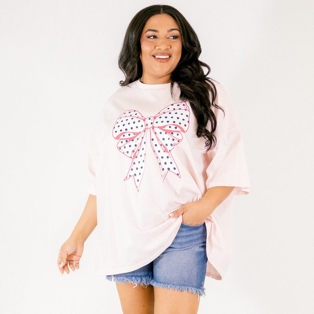 Polka Dot Bow Boyfriend Tee, Cream Pink