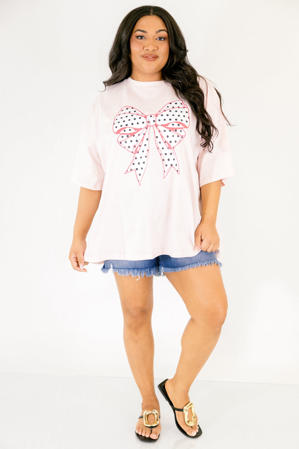 Polka Dot Bow Boyfriend Tee, Cream Pink