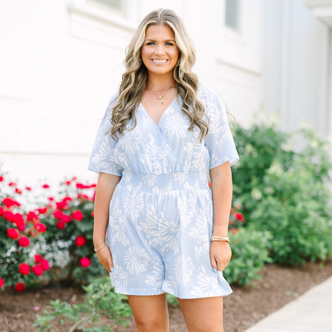 Porch Swing At Sunset Romper, Baby Blue