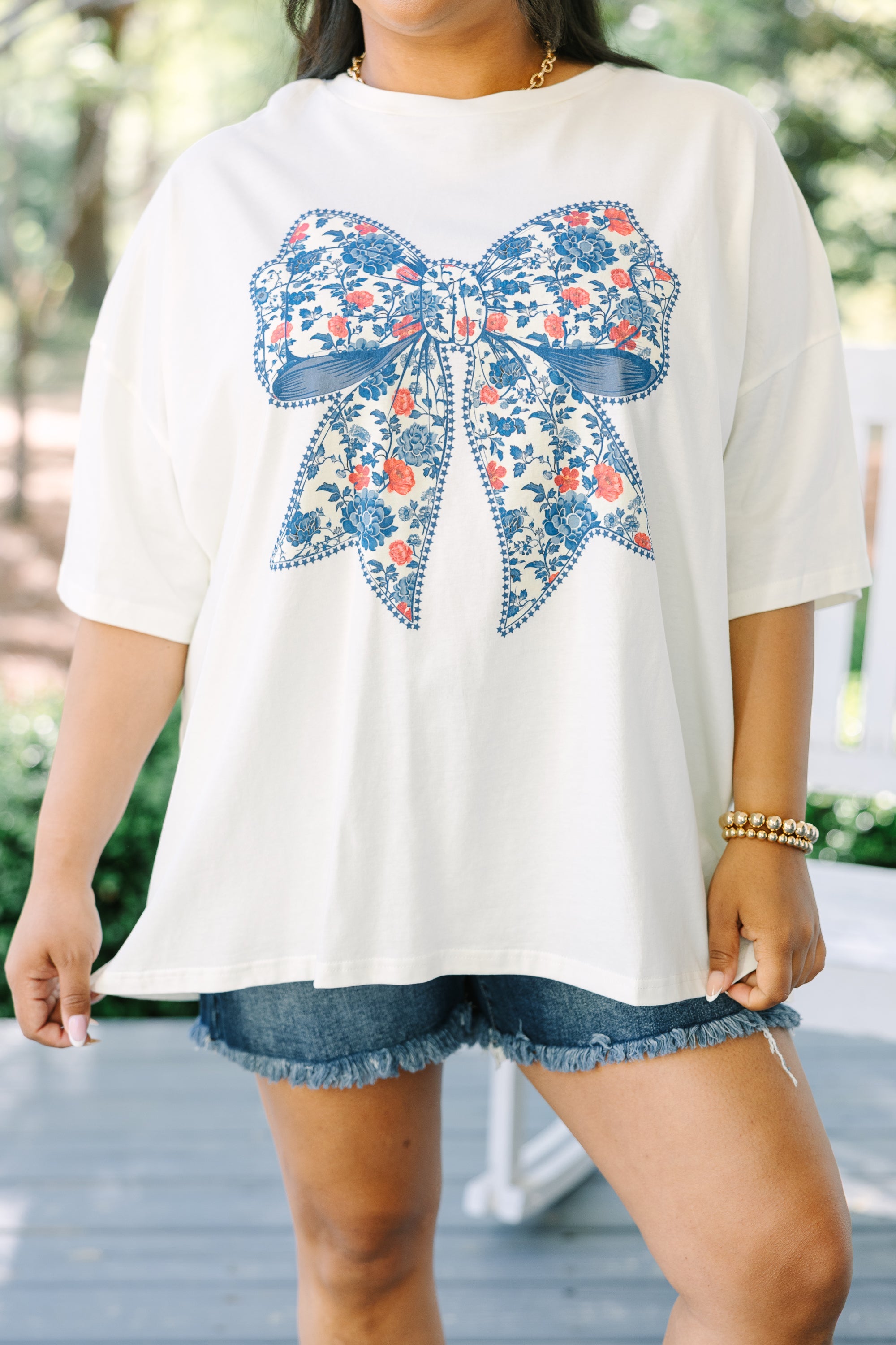 Red, White & Floral Boyfriend Tee, Ivory