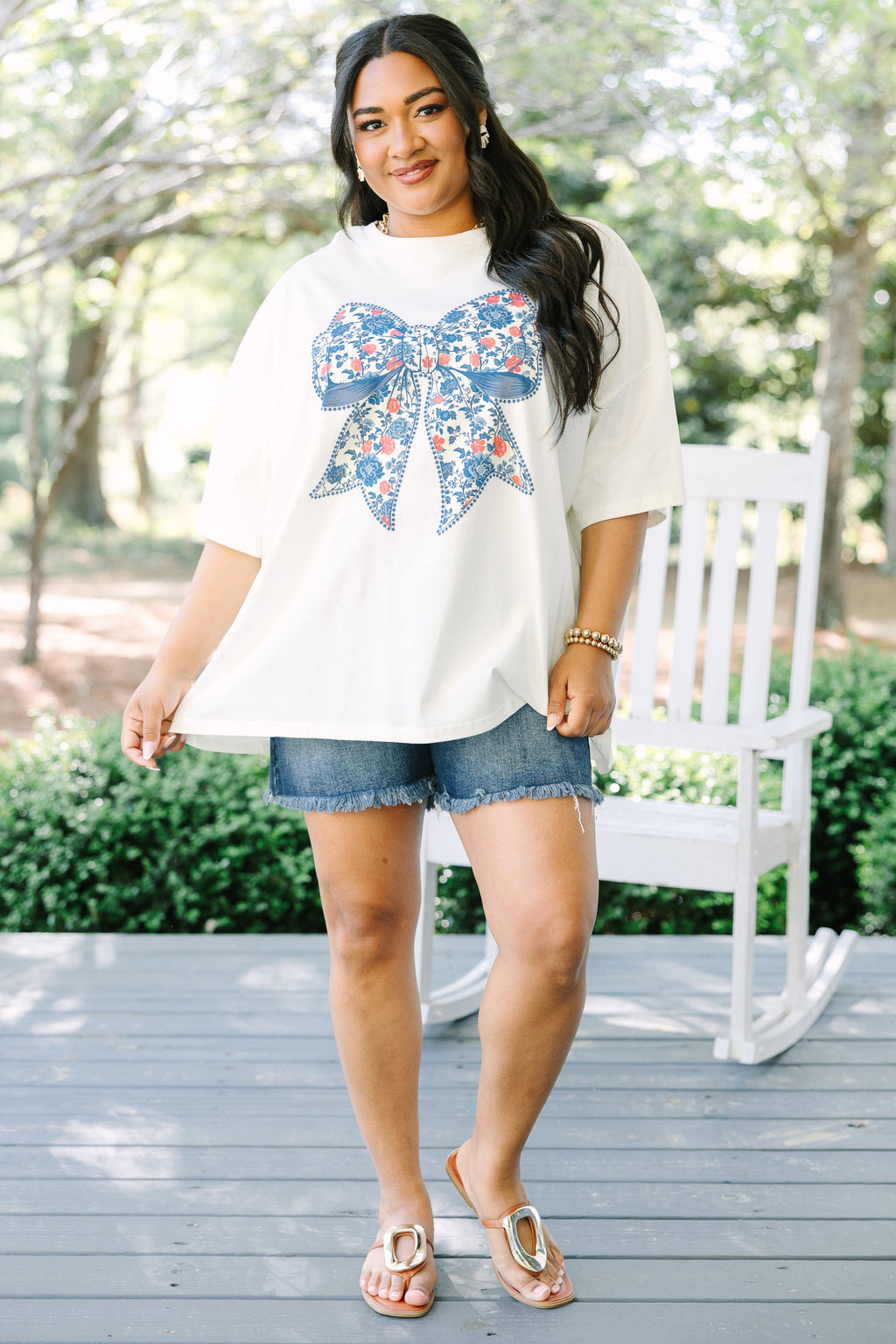 Red, White & Floral Boyfriend Tee, Ivory