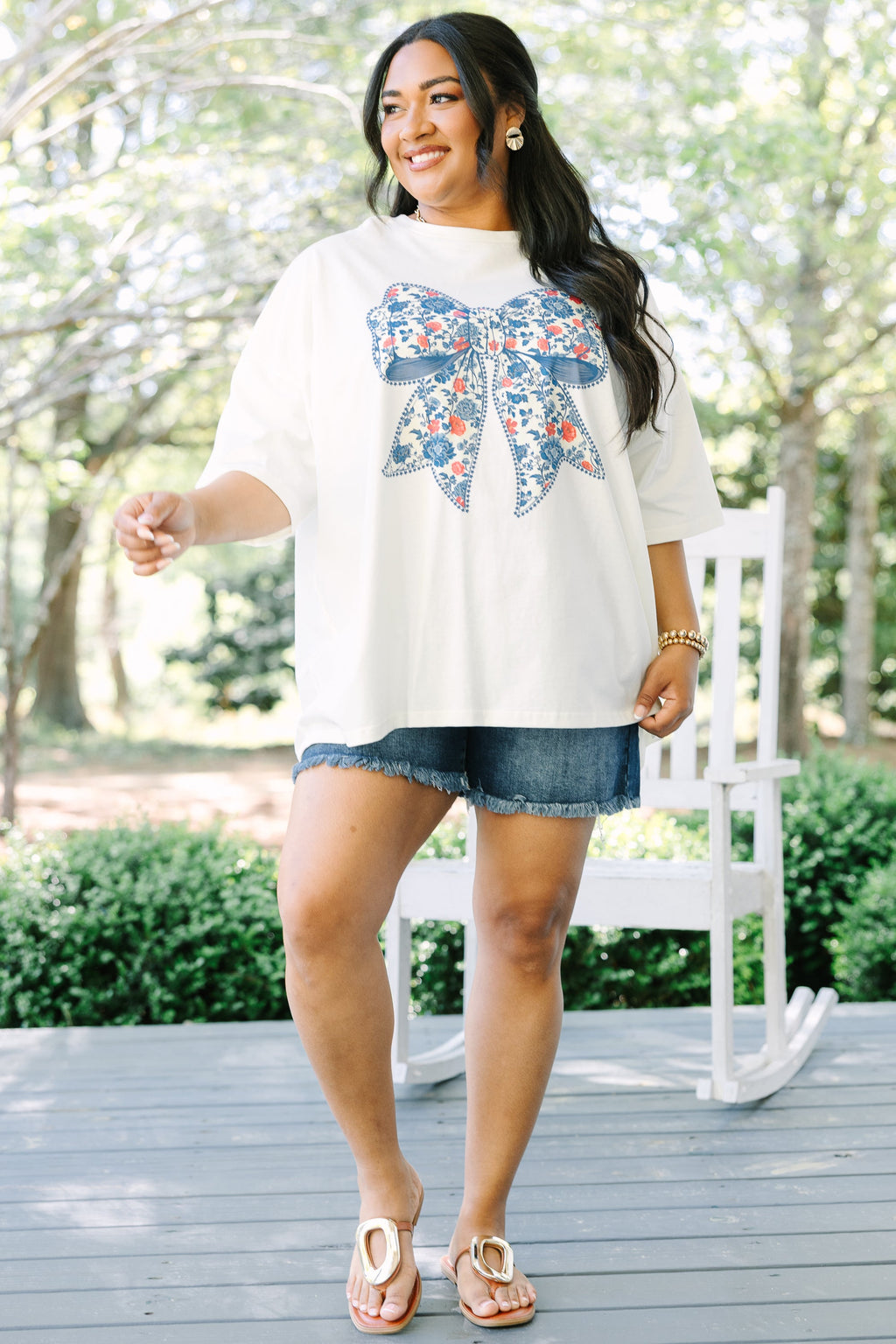 Red, White & Floral Boyfriend Tee, Ivory