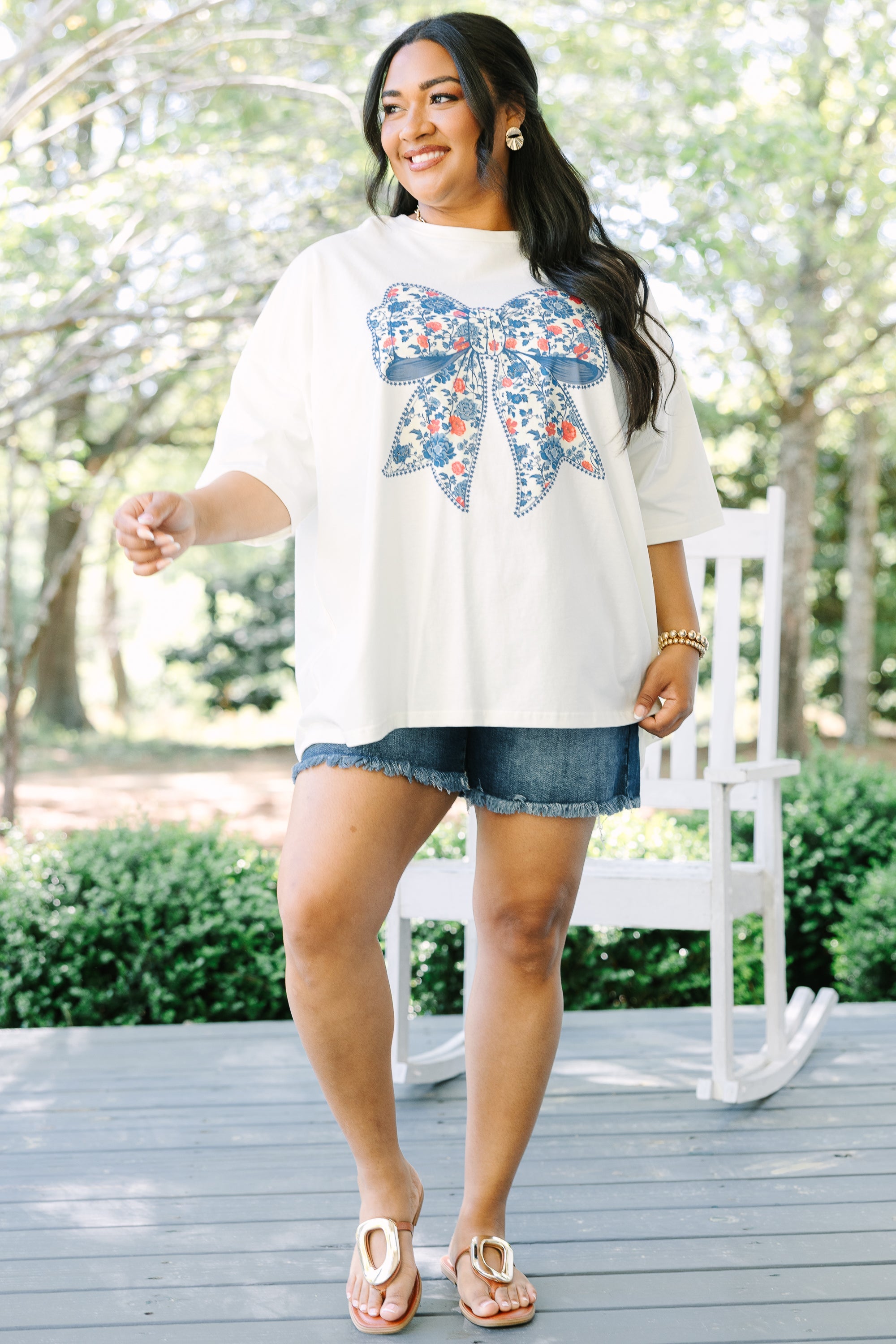 Red, White & Floral Boyfriend Tee, Ivory