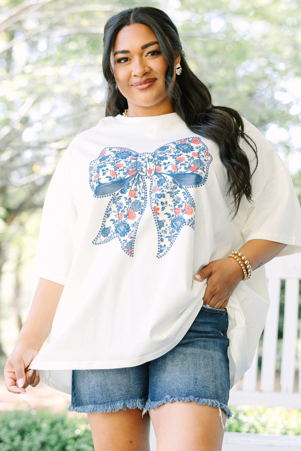 Red, White & Floral Boyfriend Tee, Ivory