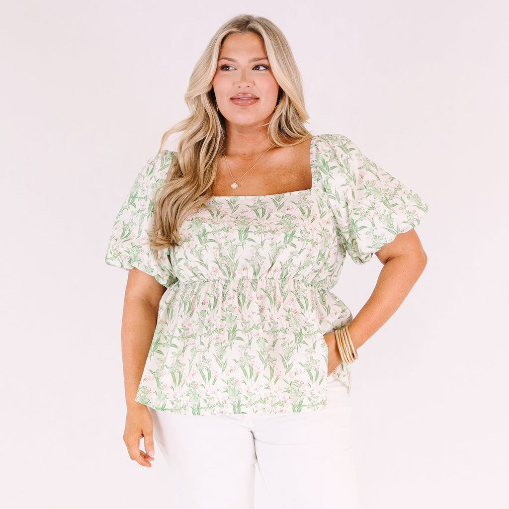 Spring Romance Top, Green Toile