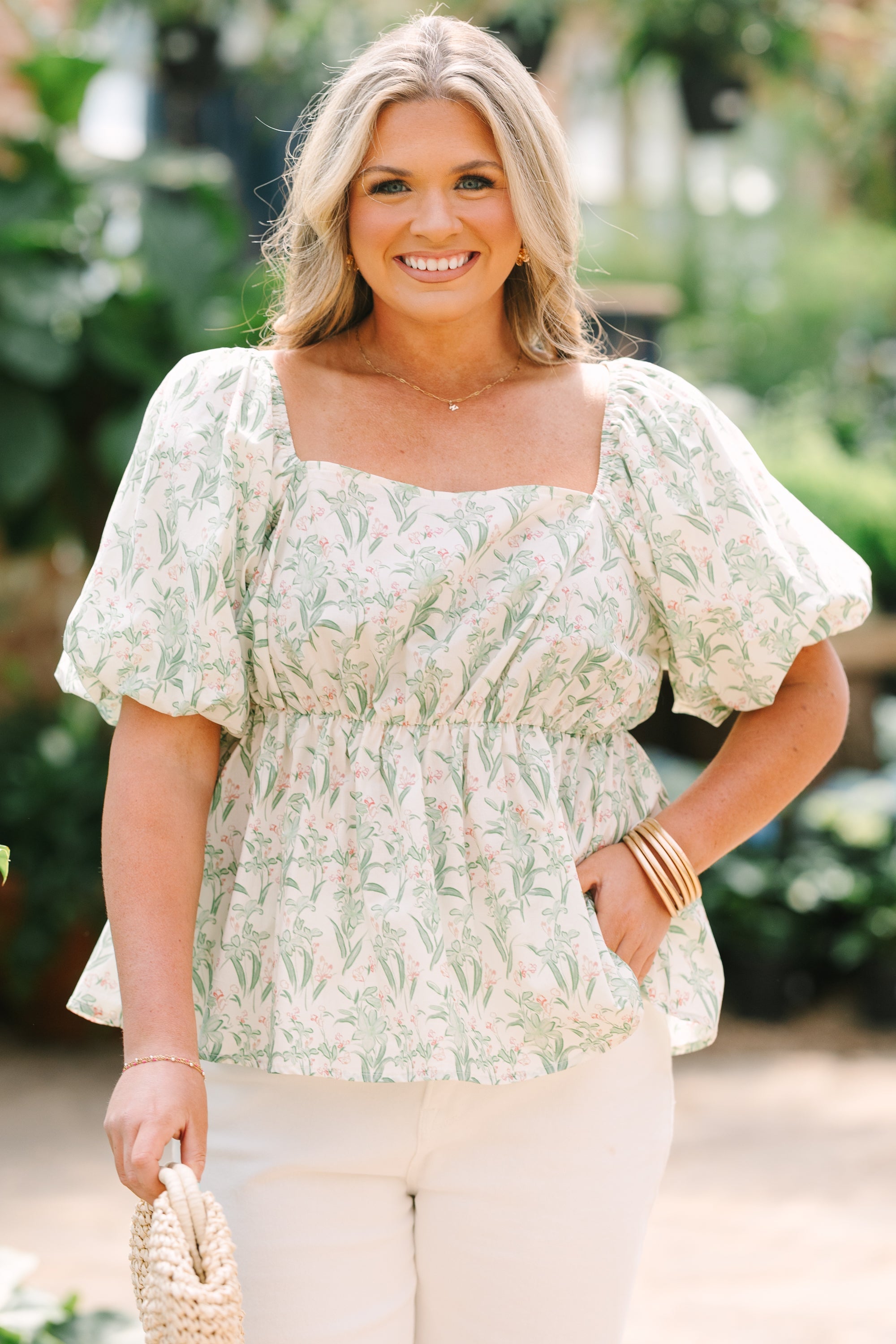 Spring Romance Top, Green Toile