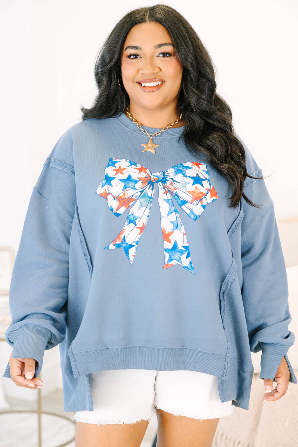 Starry Bow Comfy Crew, Denim